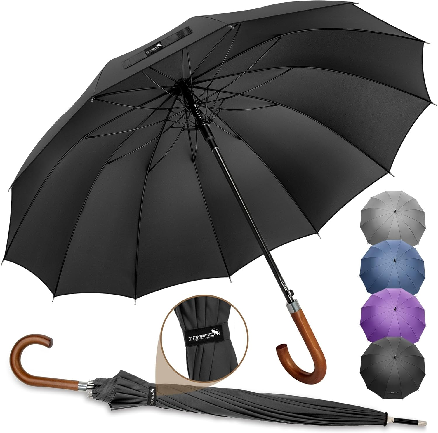 ZOMAKE Large Stick Golf Umbrella with Wood Hook Handle 12 Ribs - Automatic Open Classic Umbrellas Windproof Wooden Handle - Curved Handle Umbrella Cane, Long Umbrella with J Hook for Women Men