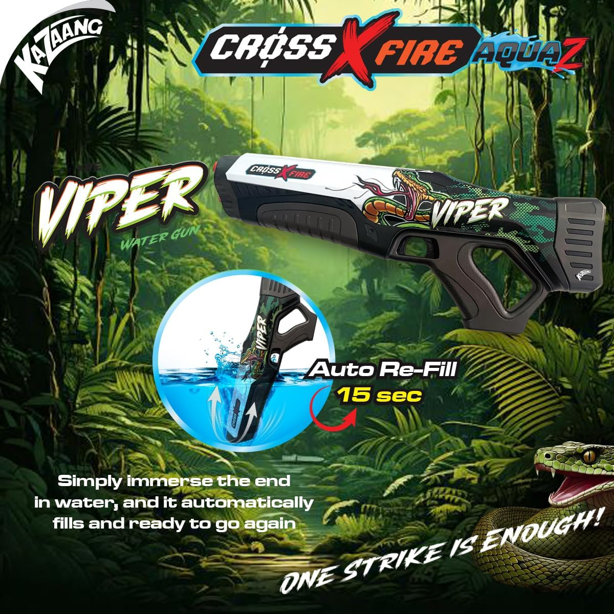 Kazaang Crossxfire Aquaz Viper - Electric Water Gun with 10M Range and Rechargable Battery - 6000 Water Bullets per Charge - 23S Quick Auto-Reload - Includes Goggles and Charger - Suitable for 8+ image number 3