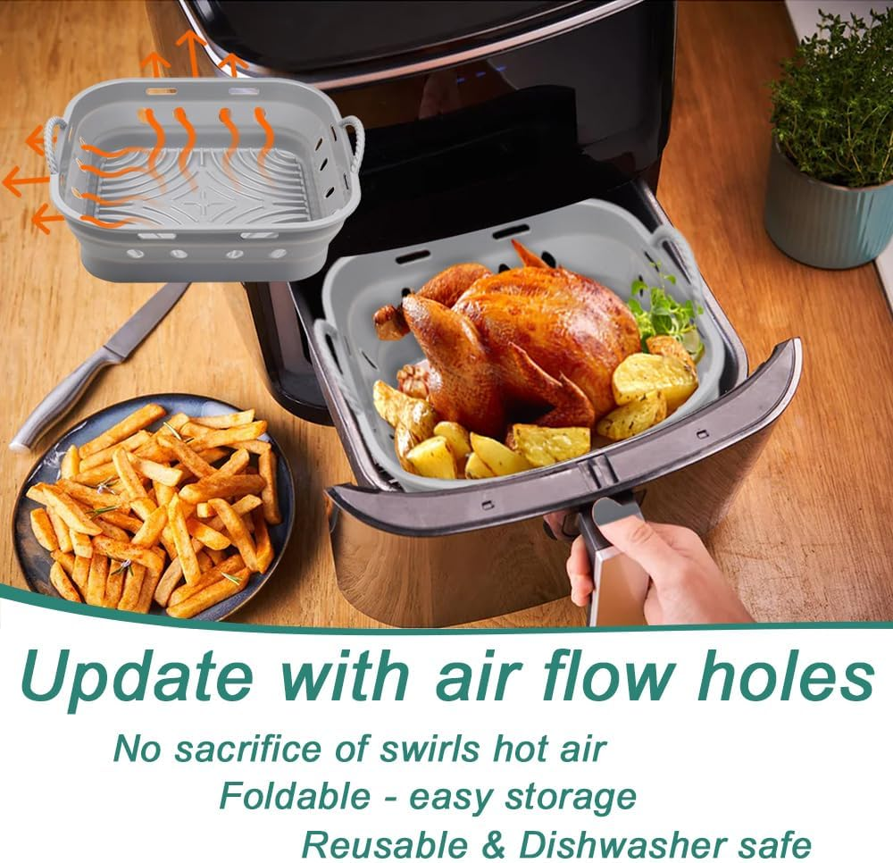 Marakruki 2Pcs Silicone Air Fryer Liners, 21.6 * 6Cm Square Reusable Air Fryer Silicone Liners with Air Flow Holes, Bpa-Free Silicone Liners for Air Fryer/Oven, Silicone Baking Accessories image number 4