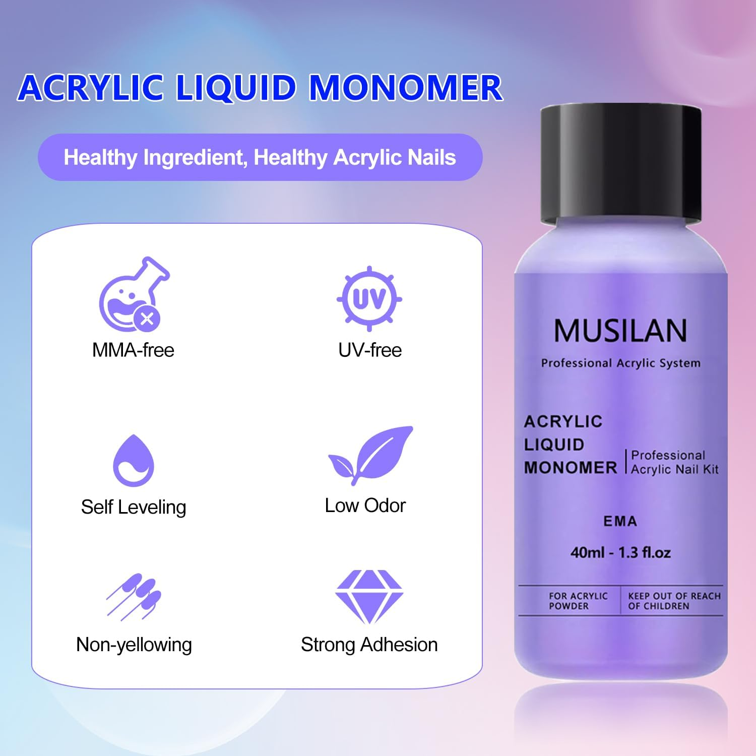 MUSILAN Monomer Acrylic Nail Liquid 5PCS 40Ml/1.3Fl.Oz,Professional Acrylic Liquid Monomer for Acrylic Nails Powder Nails Extension for Nail Art Manicure Diy,Non-Yellowing Monomer-Acrylic Nail Liquid Acrylic Nail Kit image number 6