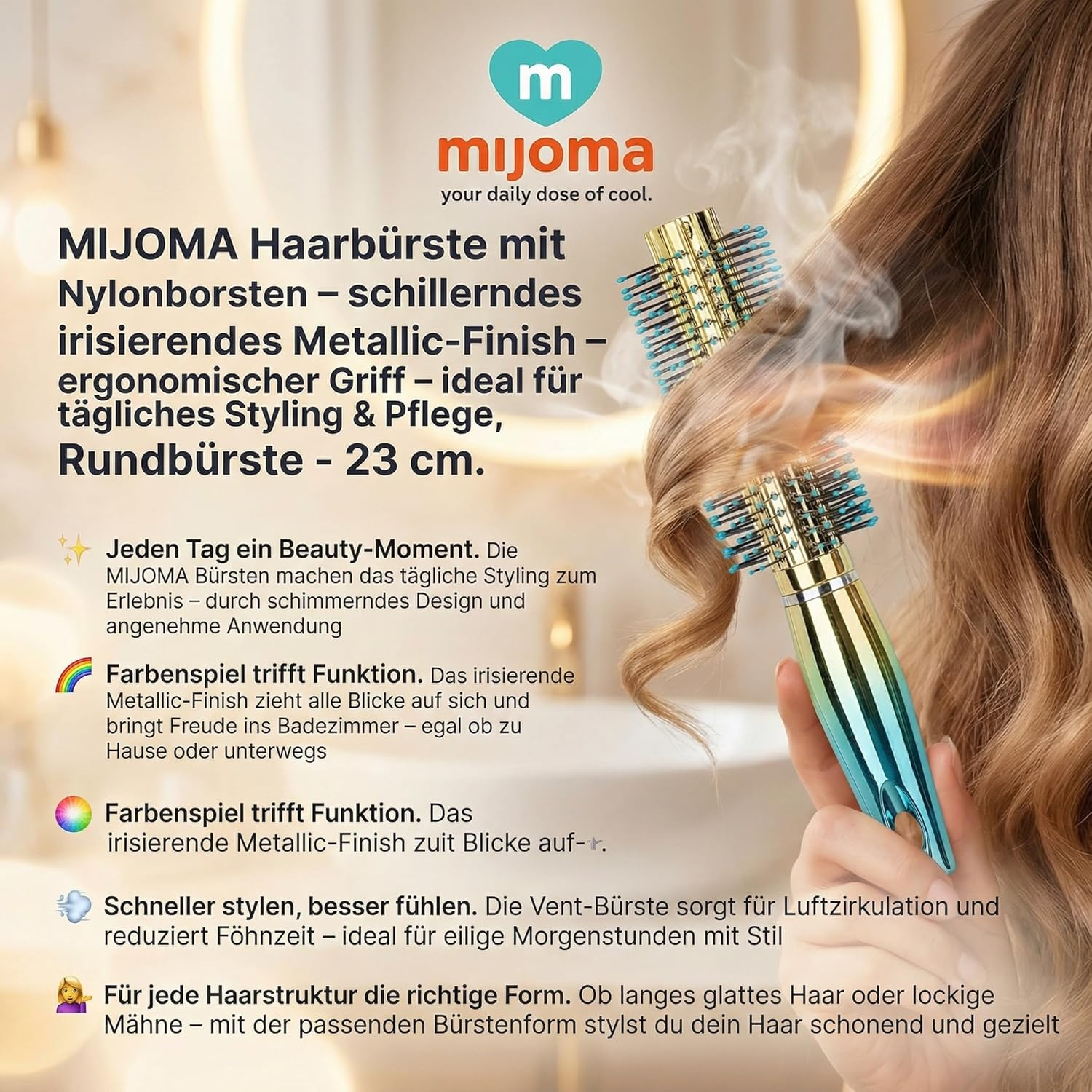 MIJOMA Nylon Bristle Hair Brush - Iridescent Metallic Finish - Ergonomic Handle - Ideal for Daily Styling & Grooming (Round Brush - 23Cm) image number 1