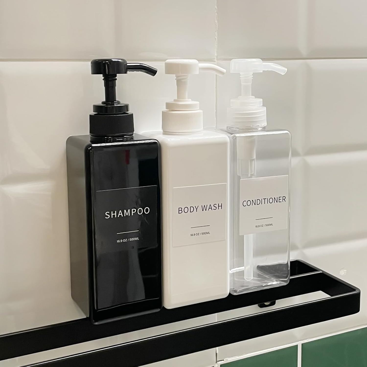 Shampoo and Conditioner Dispenser, Refillable Plastic Shampoo Pump Bottles with Waterproof Labels, Empty Body Wash Dispenser Set for Bathroom, Shower Soap Bottles (Black, Set of 3, 16.9Oz) image number 1