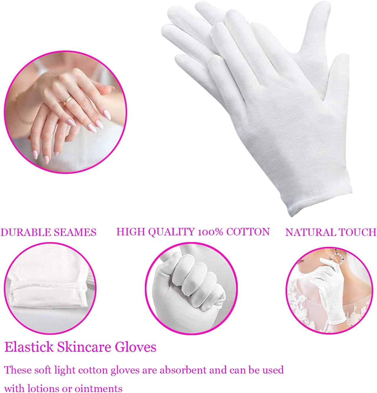 100% Cotton Gloves for Eczema,1 Pairs White Cotton Moisturizing Gloves over Night Bedtime | Cosmetic Inspection Premium Cloth Quality | Dry Sensitive Irritated Skin Spa Therapy Secure Wristband image number 4