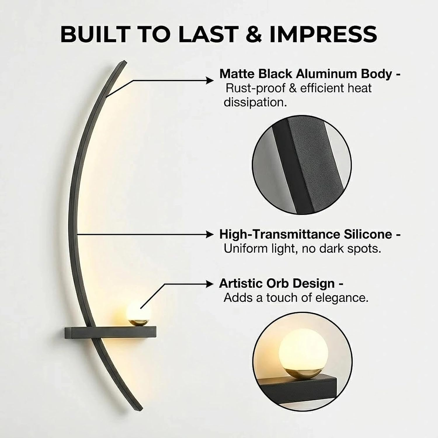 Modern Black Wall Sconces - 21.6" LED Linear Wall Lights for Bedroom & Living Room, 3-Color Dimmable Curved Art Decor Sconce Lamp for Hallway, Stairs & Vanity (Hardwired)(Black Left,105Cm) image number 6