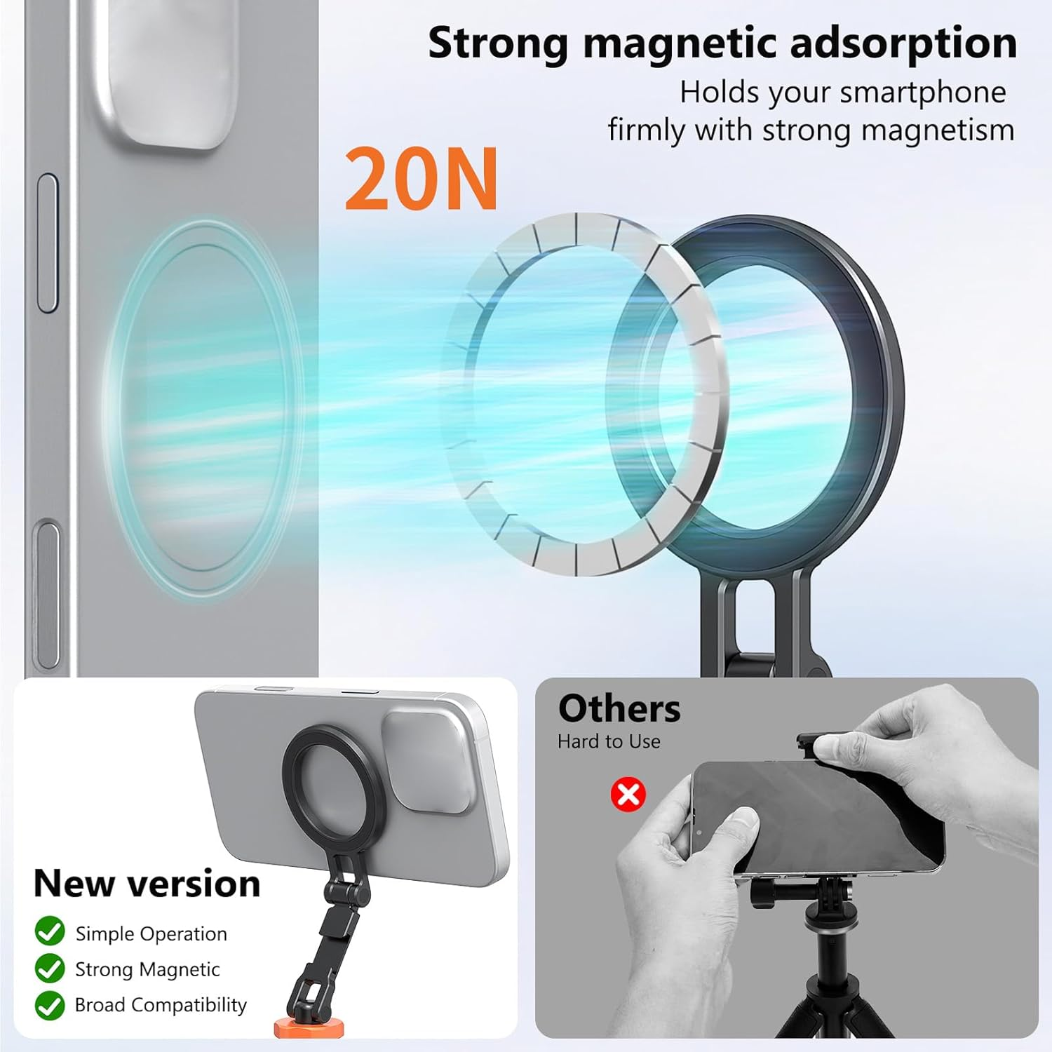 Wisoqu Magnetic Phone Tripod Mount Adapter with 1/4 Inch Screw Hole and Cold Shoe, Foldable Phone Tripod Holder for 12-16 Series Smartphones image number 3