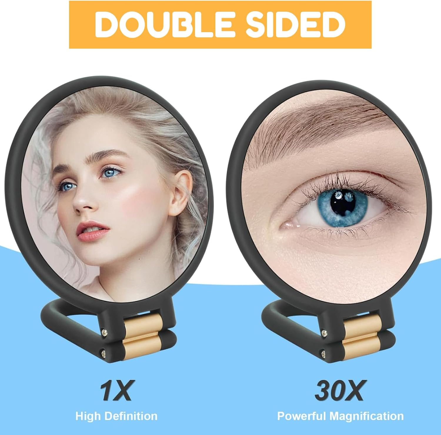 30X Magnifying Mirror, Travel Hand Mirror with Handle &ndash; Double-Sided Handheld Mirror with 1X & 30X Magnification, Adjustable Handle/Stand, Foldable Travel Mirror for Makeup (Black)
