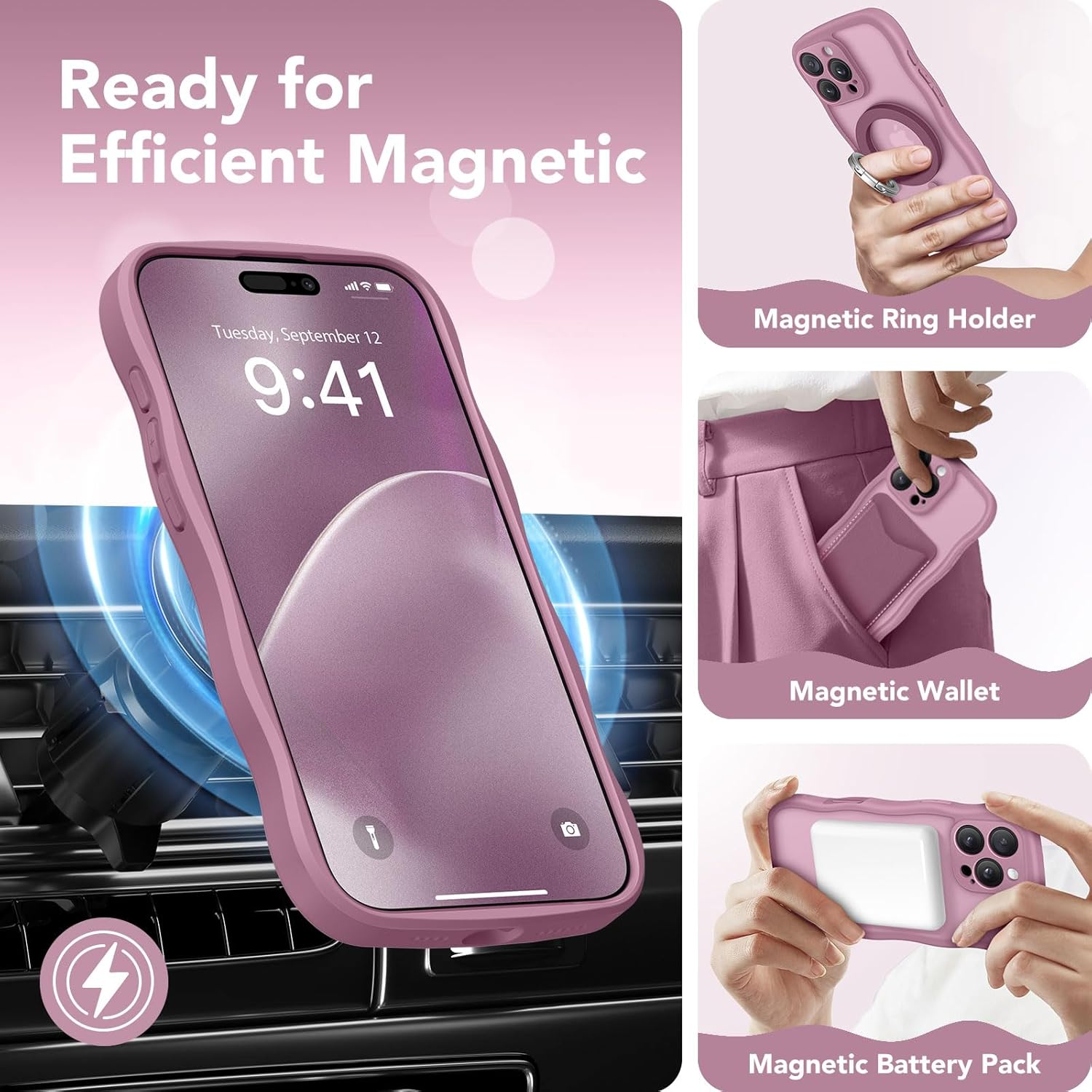 CAPRARO for Iphone 16 Pro Max Case for Women Girls, Upgraded [Full Camera Protection] [Compatible with Magsafe] Cute Wave Translucent Matte Phone Case for Iphone 16 Pro Max, Black Currant image number 5