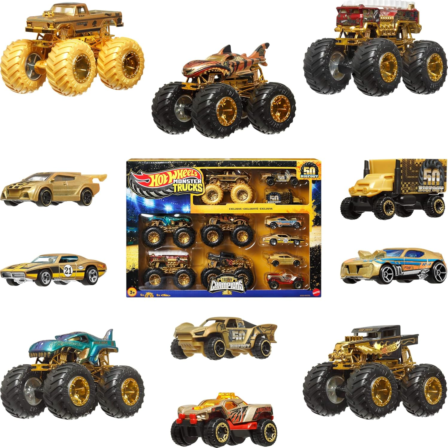 Hot Wheels Toy Cars & Trucks, Monster Trucks Trophy Champions Collection with Die-Cast Bigfoot, 5-Alarm, Bone Shaker, Mega-Wrex & Tiger Shark & 6 Cars image number 1