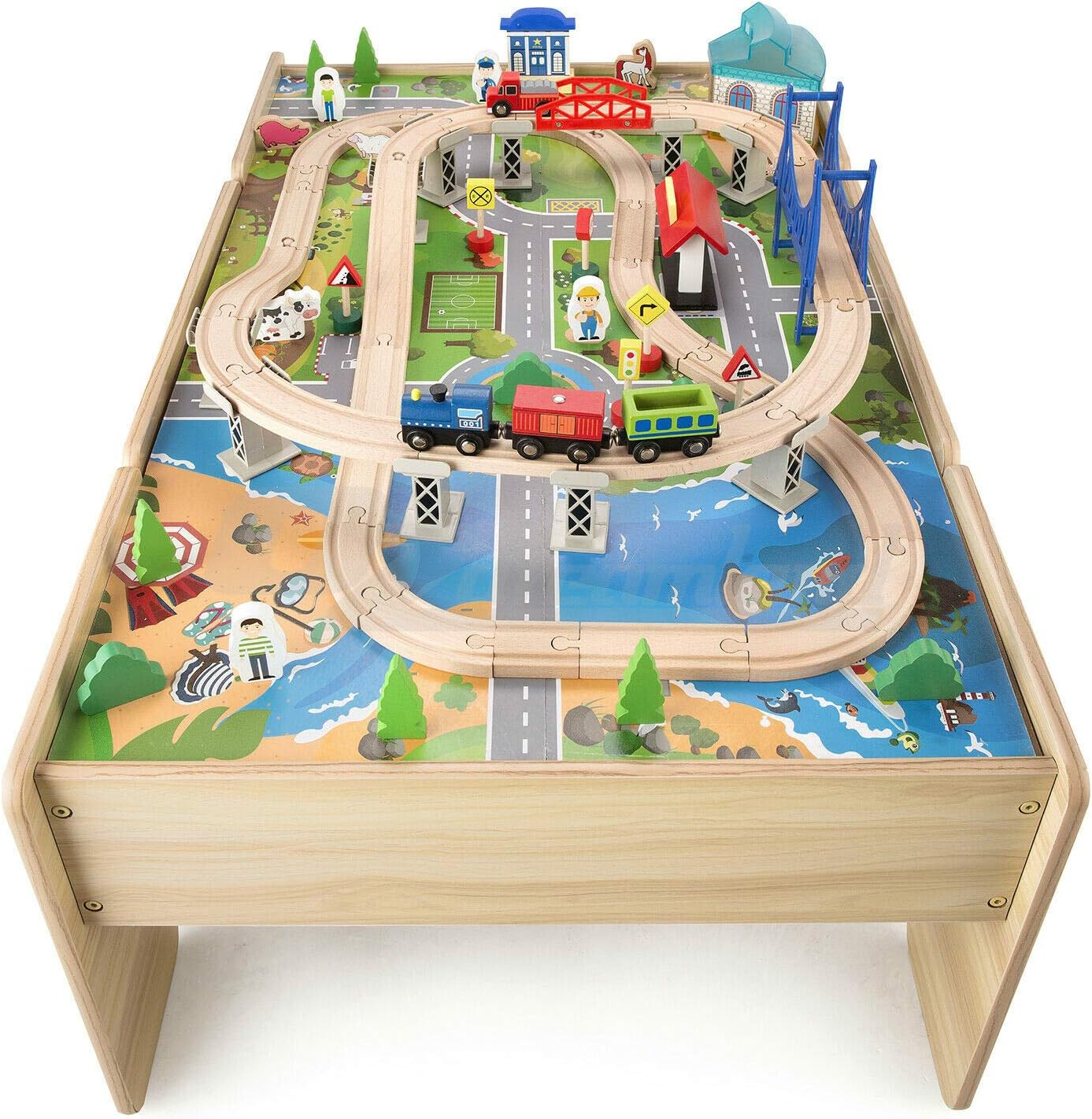 Kids Wooden Train Set Railway Activity Track Set Play Table with Storage Drawer 80PC 107(L) X63(W) X40(H) Cm image number 3