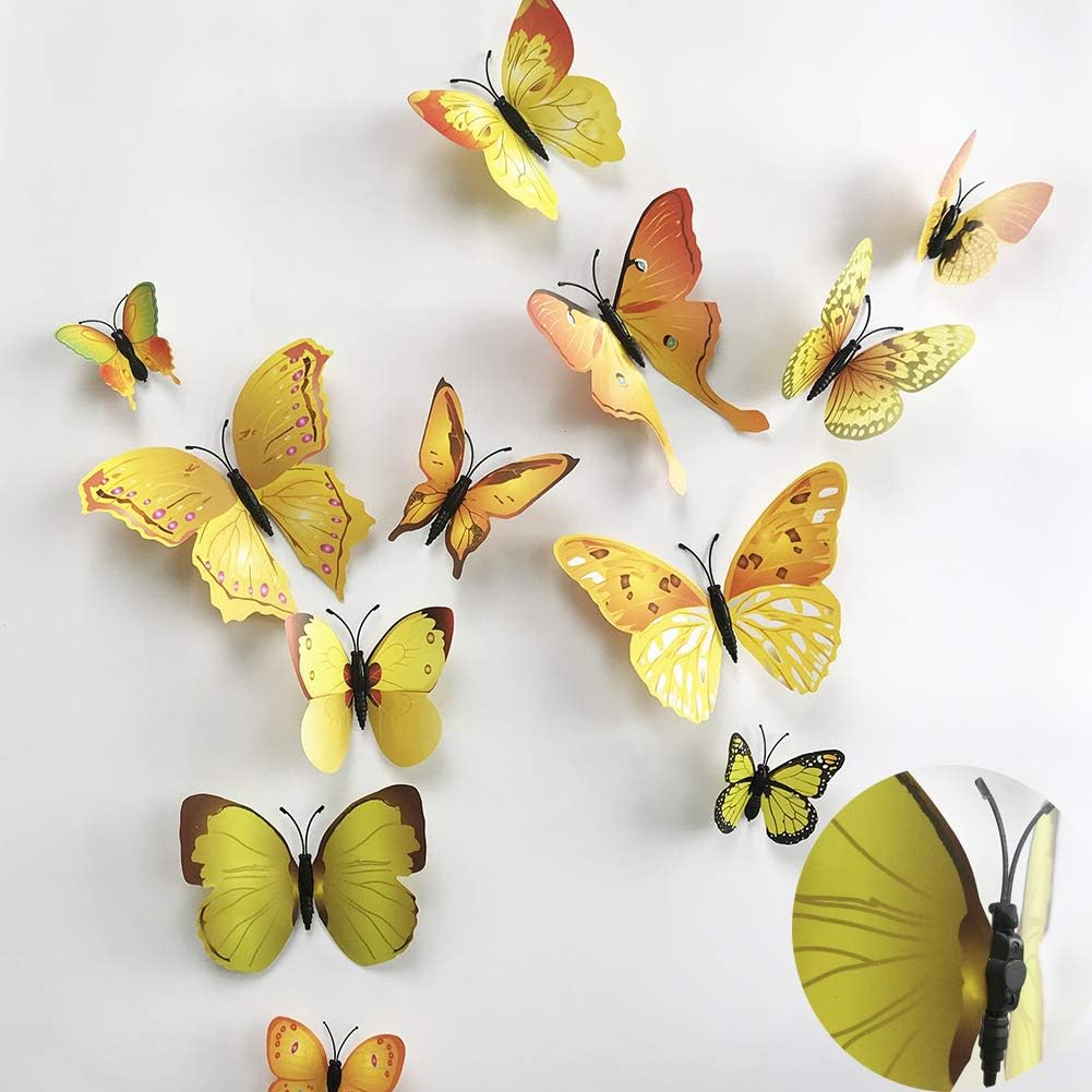 36Pcs 3D Colorful Butterfly Wall Stickers DIY Art Decor Crafts for Party Nursery Classroom Offices Kids Girl Boy Baby Bedroom Bathroom Living Room Magnets and Glue Sticker Set (Yellow-Single Wing)