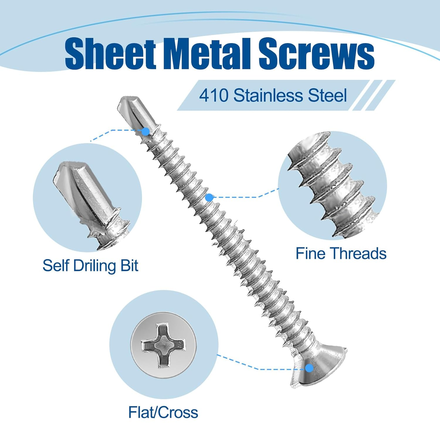 #8&times;3/4&Prime; Sheet Metal Screws 300Pcs, 410 Stainless Steel Flat Head Cross Self Drilling Screws image number 1