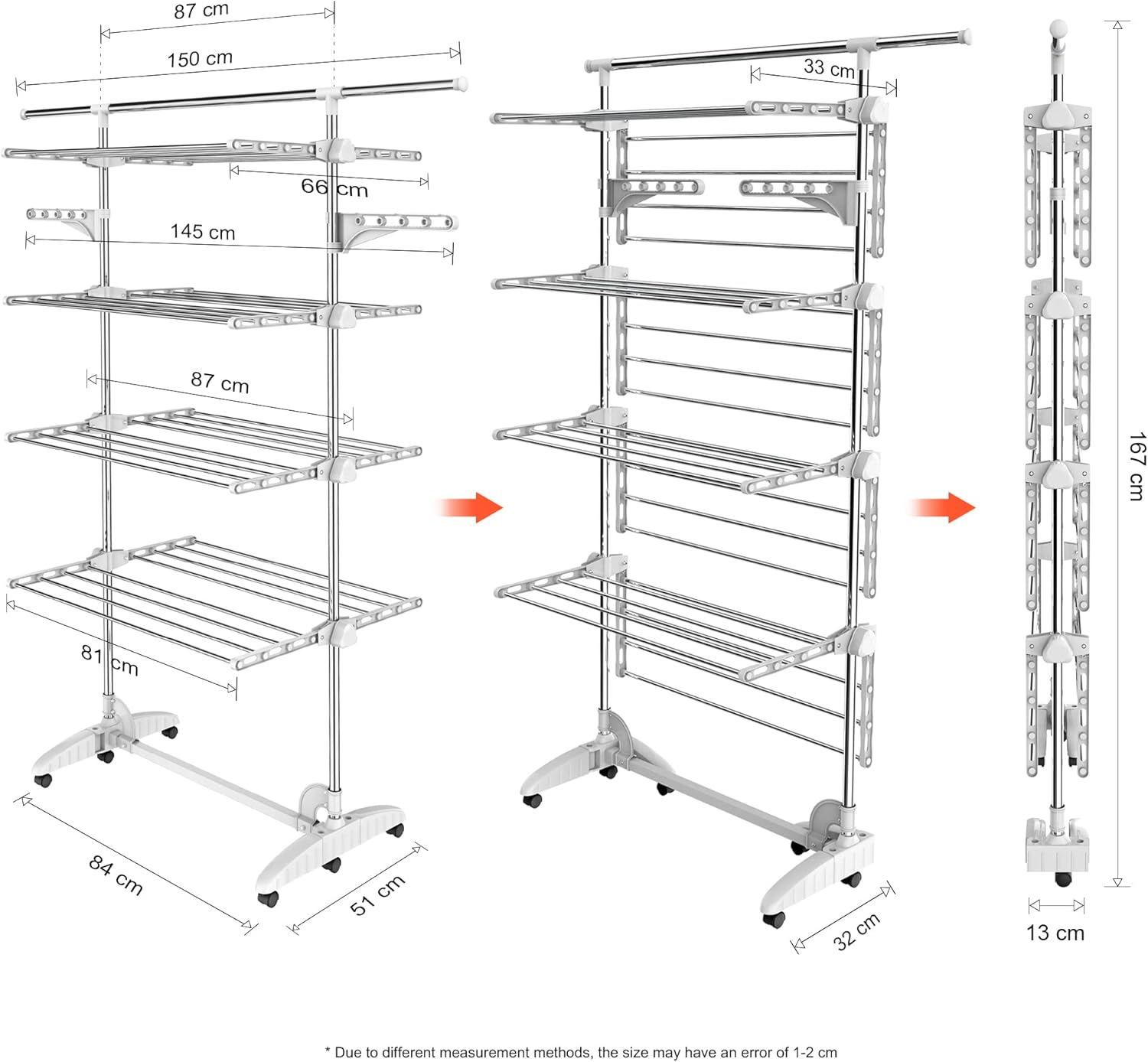 Todeco Clothes Drying Rack,4 Tier Foldable Laundry Drying Rack with Extended Top Bar,High Load Capacity Stainless Steel Space-Saving Clothes Airer with 2 Extra Adjustable Dry Rail Hanger,W/6 Casters
