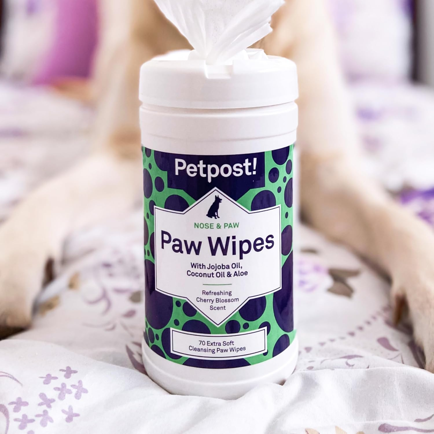 Petpost | Paw Wipes for Dogs - Nourishing, Revitalizing Dog Paw Cleaner with Coconut Oil, Jojoba Oil, and Aloe - Ultra Soft Cotton Pads - Cherry Blossom Scent 70 Ct