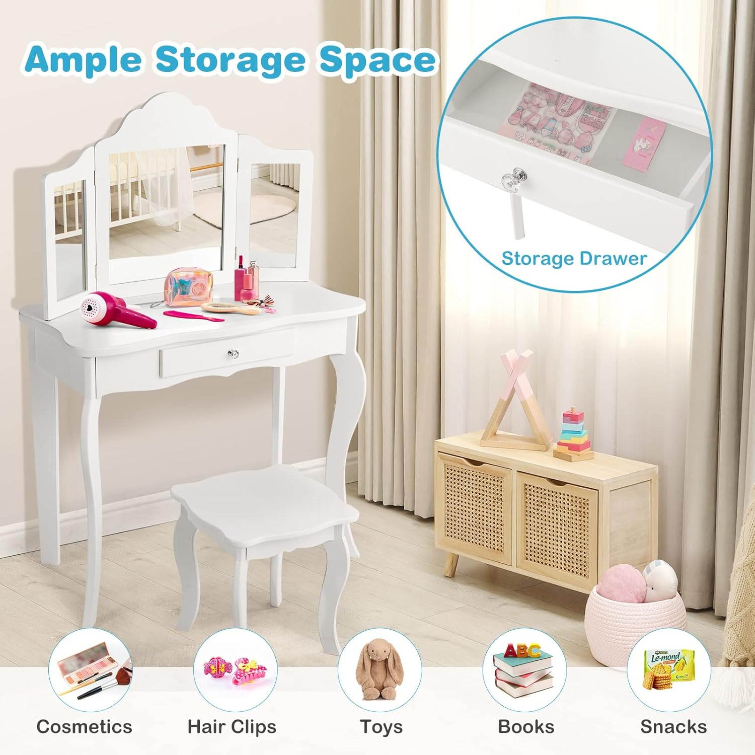 Costway Kids Vanity Table & Stool Set, Toddler Princess Dresser Table W/Tri-Folding Mirror & Large Drawer, 2-In-1 Detachable Mirror Top Design, Smooth Surface, Versatile Use, Easy Assembly image number 1