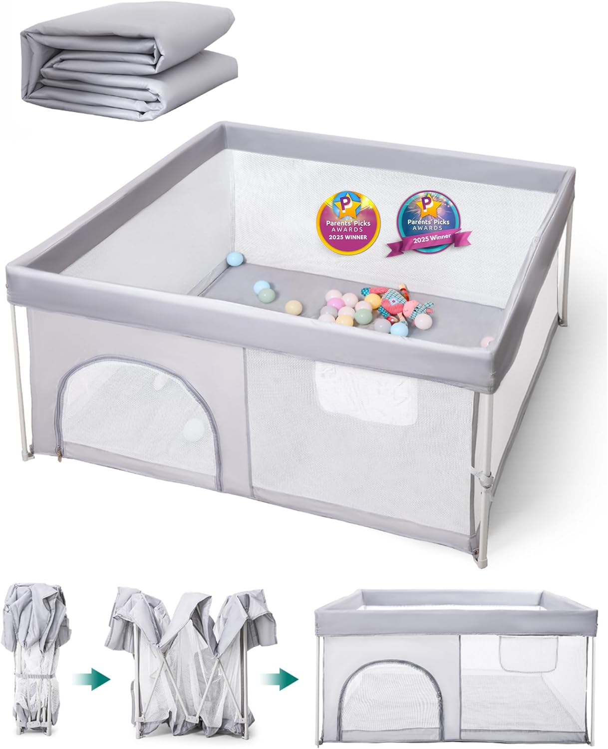 BABELIO Foldable Baby Playpen with Mat, 127 &times; 127 CM Portable Playard for Babies and Toddlers, Parents' Picks Awards Winner, Indoor & Outdoor Kids Safety Play Pen Area, Travel Fence, Grey image number 6