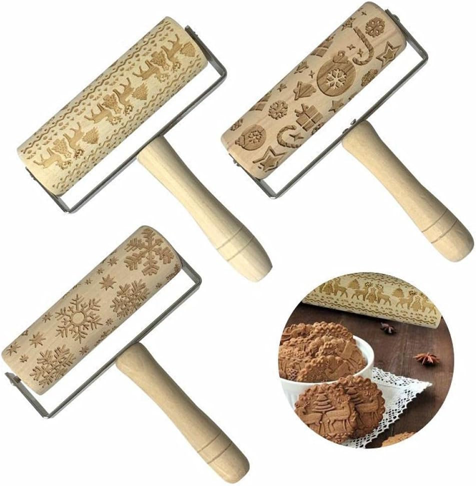 Rolling Pins Wooden Christmas Embossed Pattern Rolling Pin Kitchen Baking Tools image number 2