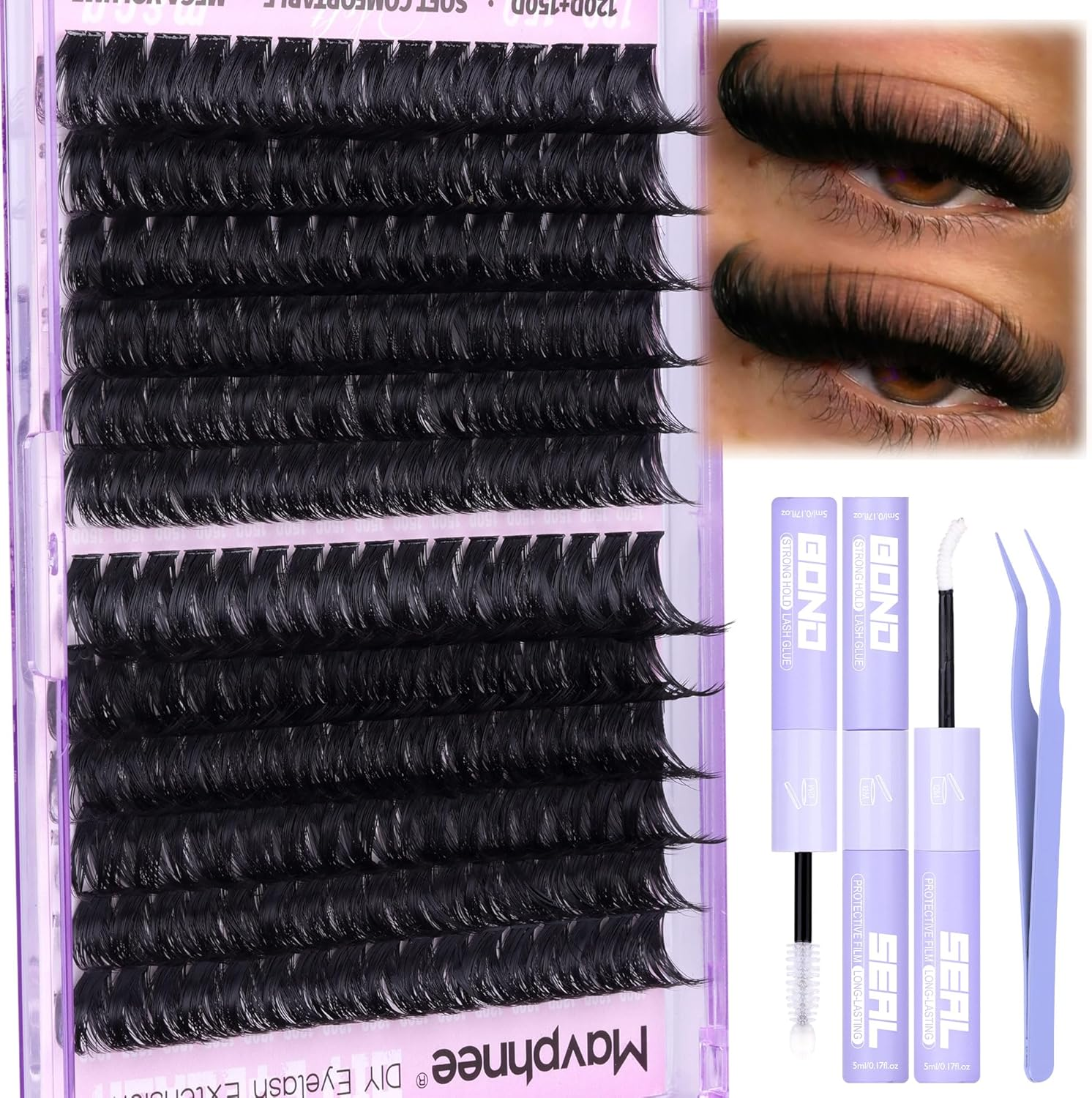 Lash Clusters Kit 14-20MM Long Eyelash Extension Kit 192Pcs Thick Volume DIY Lash Extensions Kit Fluffy Cluster Lashes D Curl Individual Lashes Kit 120D+150D Cluster Eyelash Extensions Kit image number 3