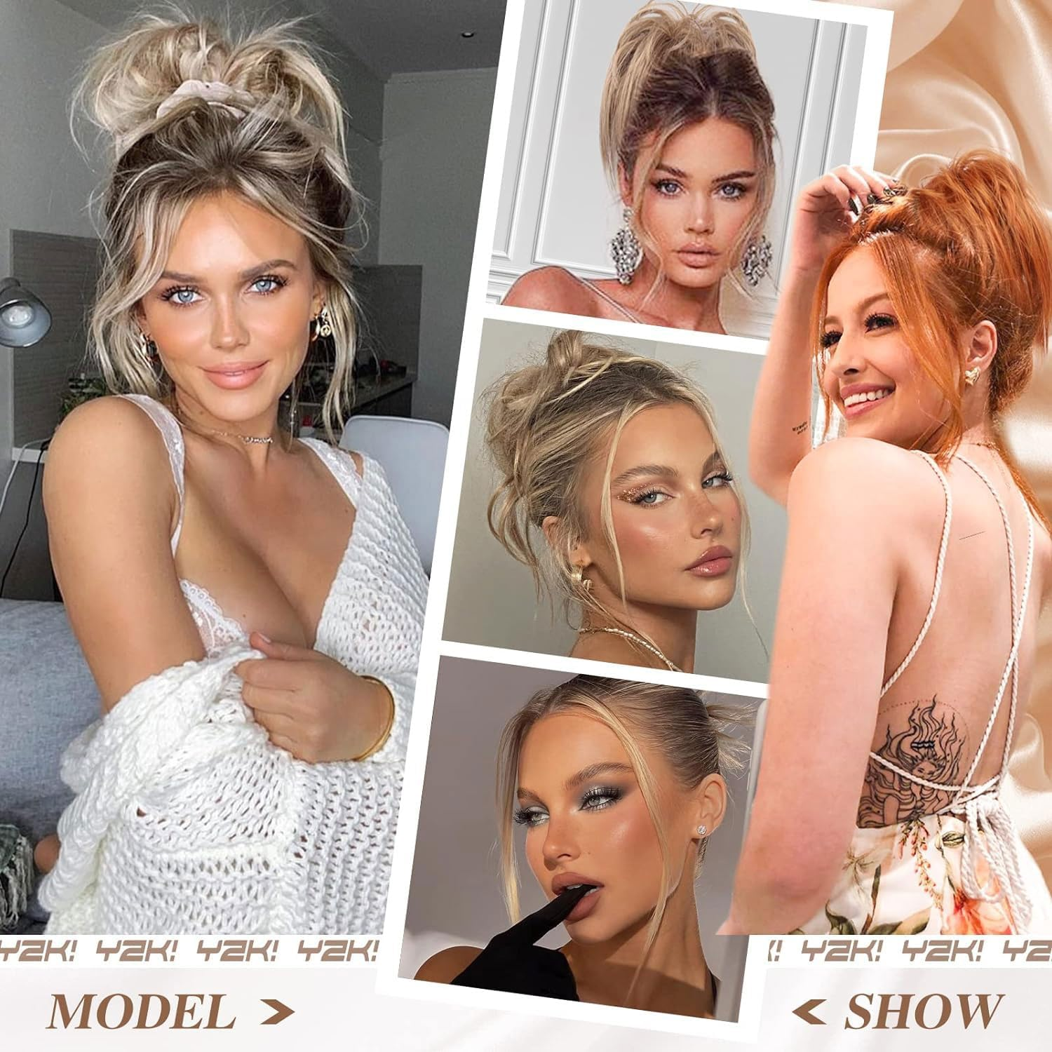 Fulang Hair Pack of 2 Ponytail with Clip Hairpiece with Elastic Band Large Bun Claws Clip Hairpiece Messy Bun Hairpieces Wavy Natural Synthetic Hair Scrunchie Women image number 3