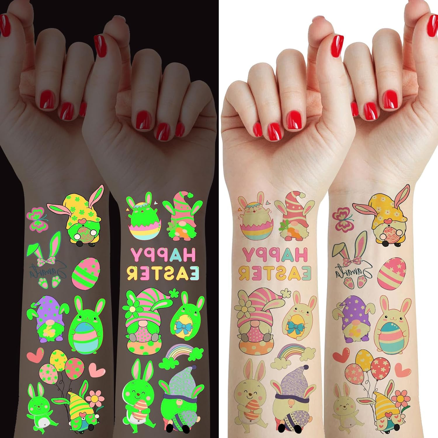 Custelen 100 Pieces Glow-In-The-Dark Easter Temporary Tattoos for Kids - Bunny, Gnome, and Easter Eggs Stickers - 10 Sheets of Waterproof Luminous Tattoo Party Favors image number 1