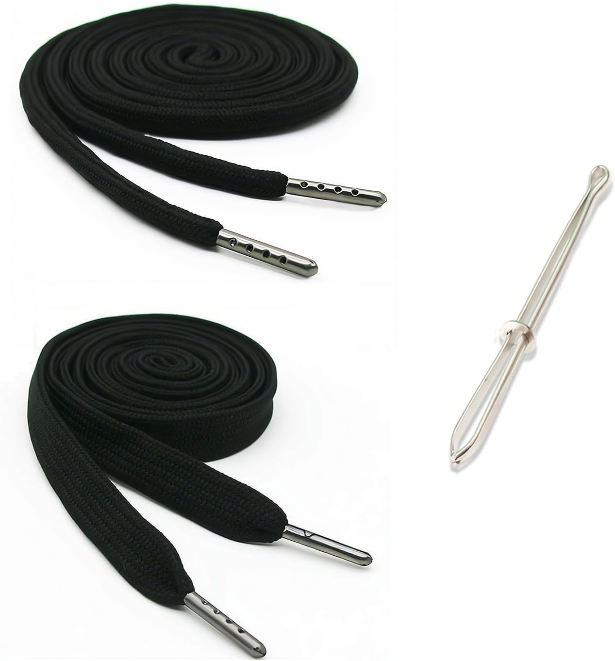 TORMEN Replacement Drawstrings Drawcords 51IN Cotton Drawstring Cord with Easy Metal Threader Adjustable Easy to Install Perfect for Hoodies Activewear(2Pcs Black Flat+Silver) image number 4