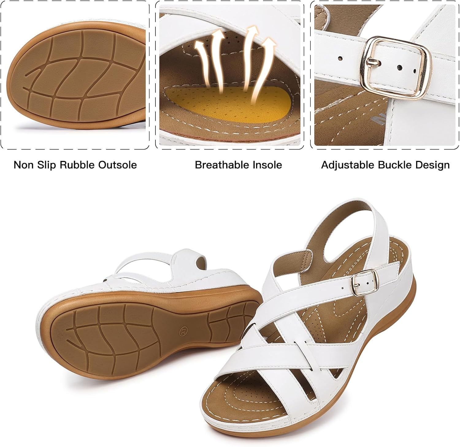 TEMOFON Flat Women Sandals Wide: Black Brown White Leather Summer Sandal - Rubber Sole - Dressy Comfortable Walking Sandal Size 5-11 image number 4