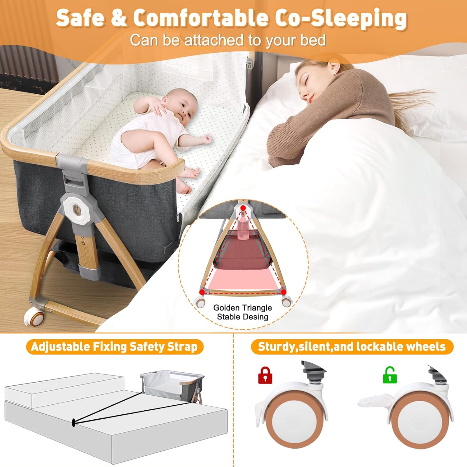 3 in 1 Baby Bassinet, Bedside Sleeper for Baby, Bedside Crib with Wheels & Storage Basket & Mosquito Net, Height Adjustable Baby Bed, Portable Bassinet for Newborn/Infant image number 3