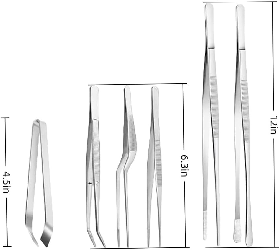 Loopunk 6 Pcs Cooking Tweezer Tongs, Stainless Steel Kitchen Tweezer Set, Professional Chef Tweezers for Cooking, Repairing, Sea Food, BBQ, Multi-Use(12'' and 6.3") image number 3