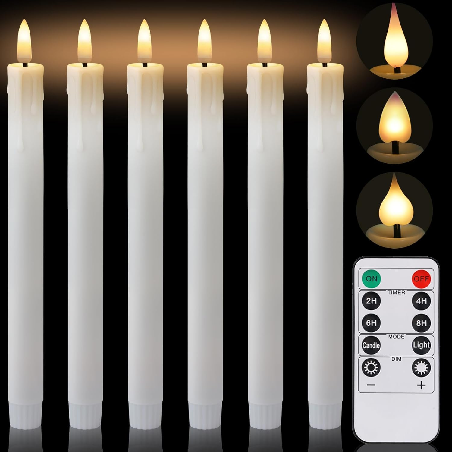 Neween Rechargeable Flameless Taper Candles, LED Candlesticks Flickering, Battery Operated Candles with Remote Timer Replacement Light Head for Home Wedding Christmas Decor, 6 Pcs, Ivory