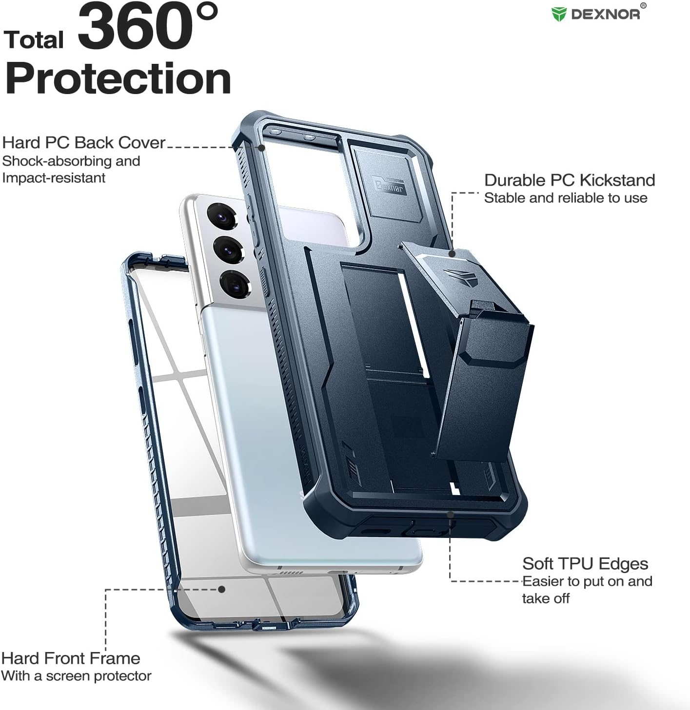 Dexnor Case for Samsung Galaxy S21 Ultra 5G 6.8 Inch with Built-In Screen Protector Military Grade Armour Heavy Duty 360 Full Body Shockproof Bumper Protection Cover with Stand - Blue - Black image number 4
