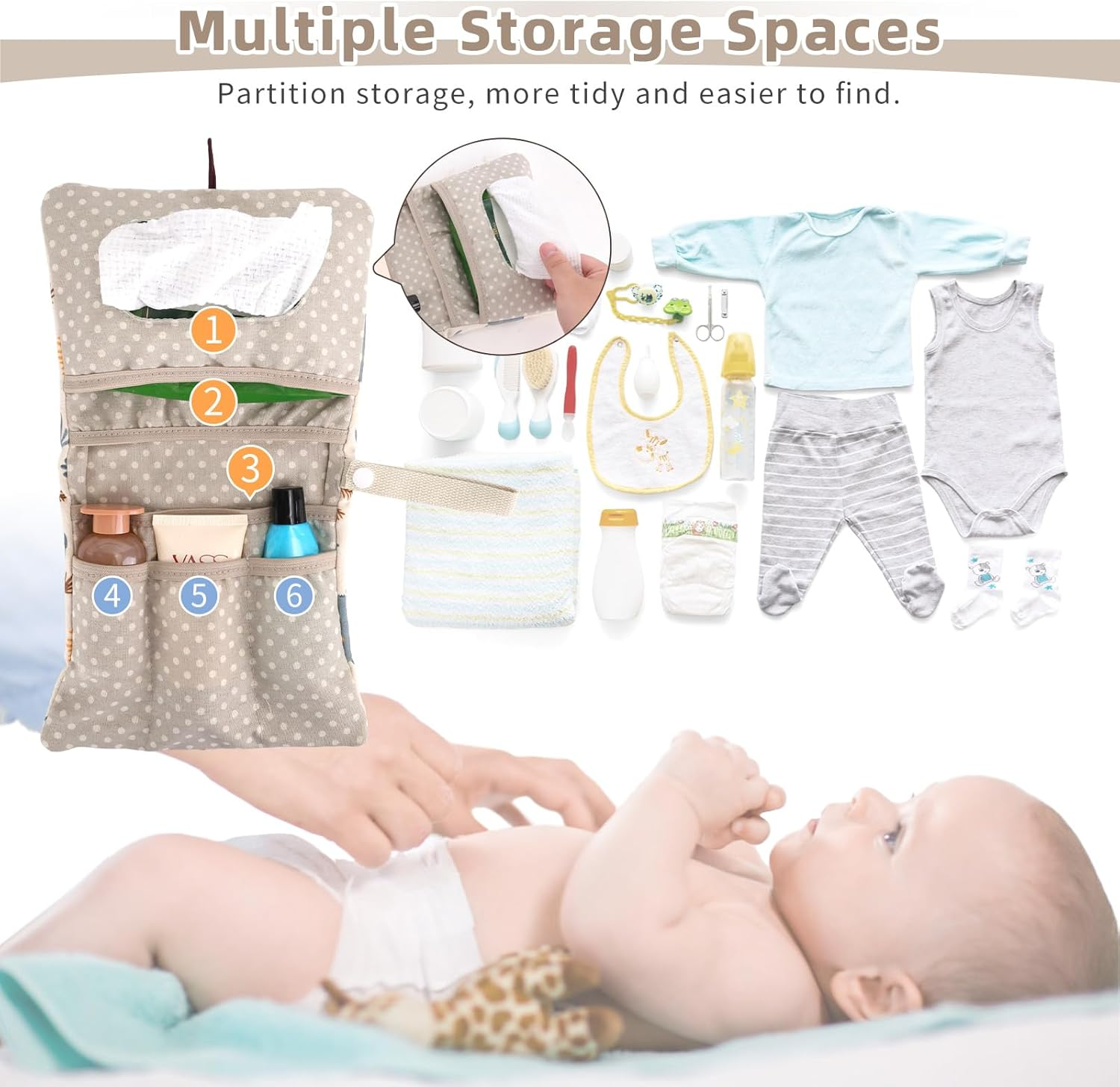 Nappy Bag Organiser and Cosmetic Bag 2-In-1, Nappy Bag for Travel, Small Changing Bag Organiser with Hanging Eyelet, Wet Wipes Bag, Changing Organiser on the Go - Animals image number 3
