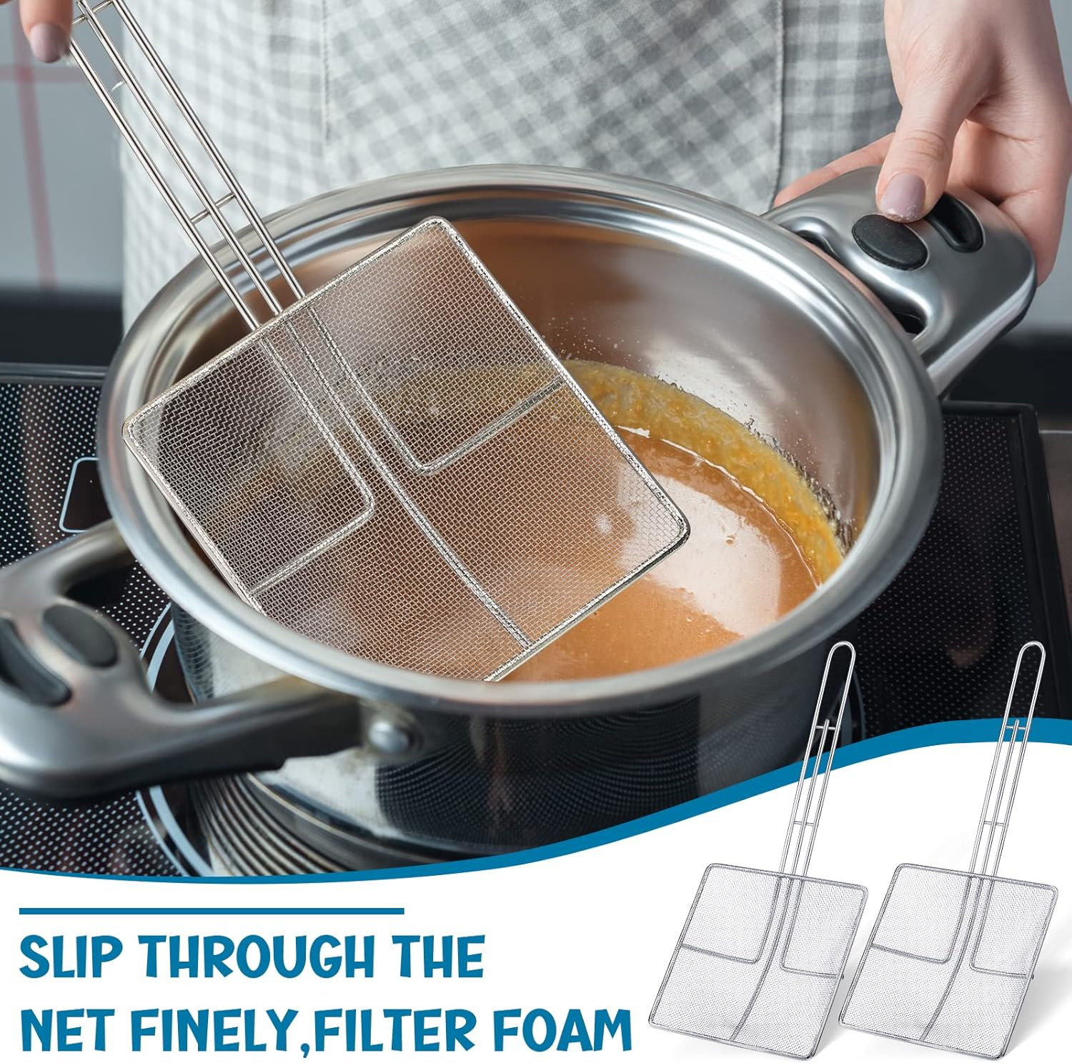 Mumufy 2 Pcs Square Fine Mesh Skimmer Spider Strainer Oil Skimmer for Deep Fryer Frying Scoop Stainless Steel Spider Strainer with Long Handle for Kitchen Swimming Pools Fried Food (6.7 X 6.7 Inch) image number 4