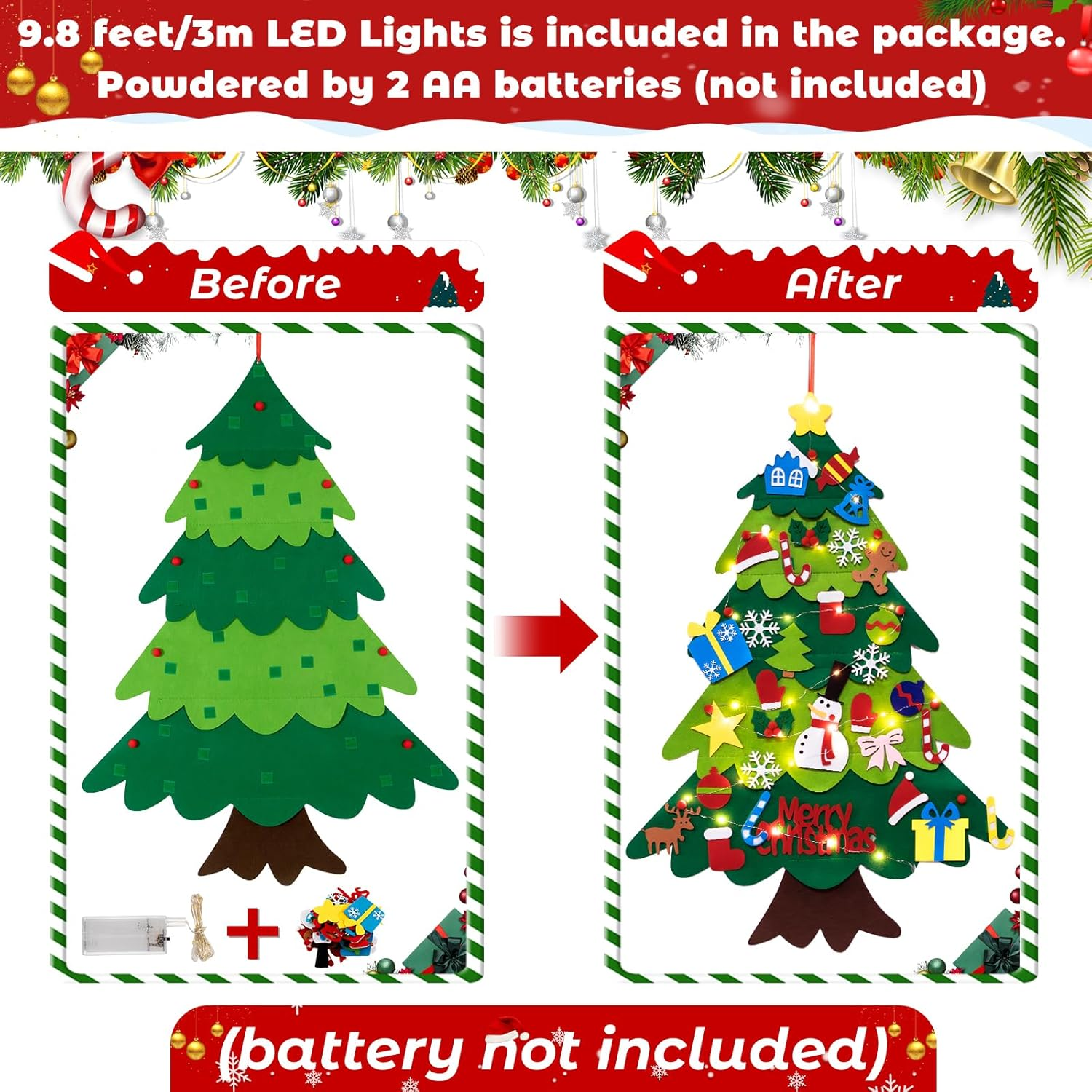 Felt Christmas Tree Set for Toddlers Kids with 3M/9.8Ft Led String Light, 3.2Ft/98Cm Wall Hanging DIY Christmas Tree with 32 Detachable Ornaments for Xmas Home Decoration image number 1