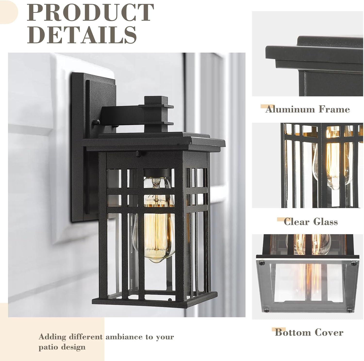 EMLIVIAR 1-Light Exterior Wall Mount Light Fixtures, Outdoor Wall Sconce Lantern in Black Finish with Clear Glass Shade, AUD01B BK image number 2