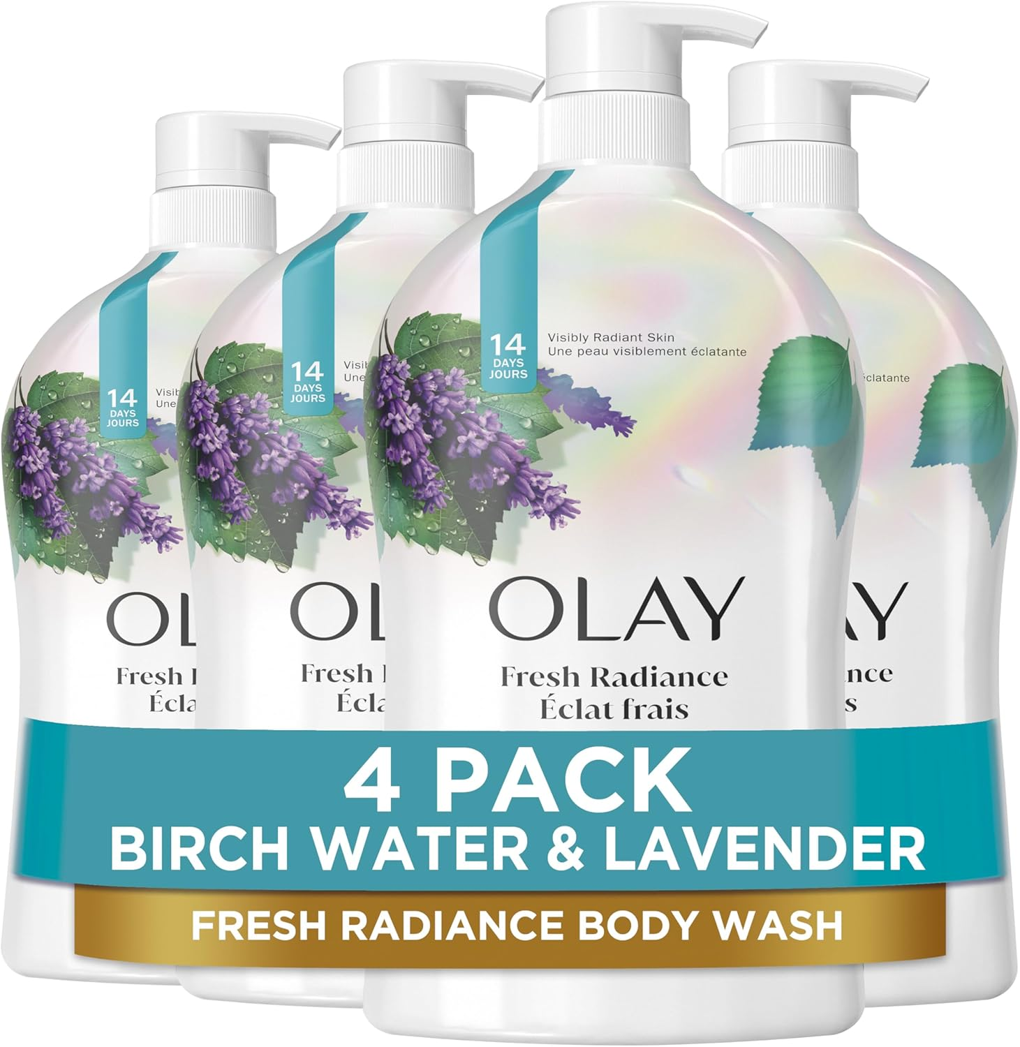 Olay Body Wash for Women, Fresh Radiance, Refreshing & Renewing, Made with Plant Based Cleansers, B3 Botanical Complex, for All Skin Types, Birch Water & Lavender Scent, 33 Fl Oz (Pack of 4)