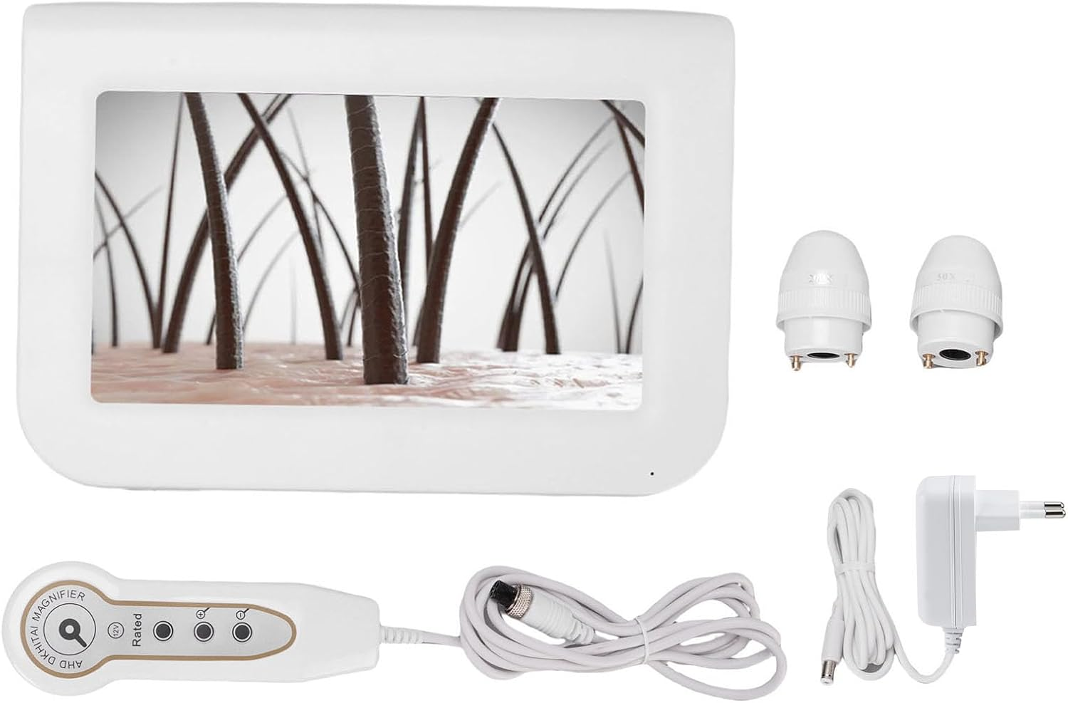 Pongnas 9 Inch Skin Hair Analyzer, 50 X / 200 X Lens Hair Follicle Analyzer, Multifunctional Rechargeable Digital Scalp Detector for Home Salon Use (EU Plug)