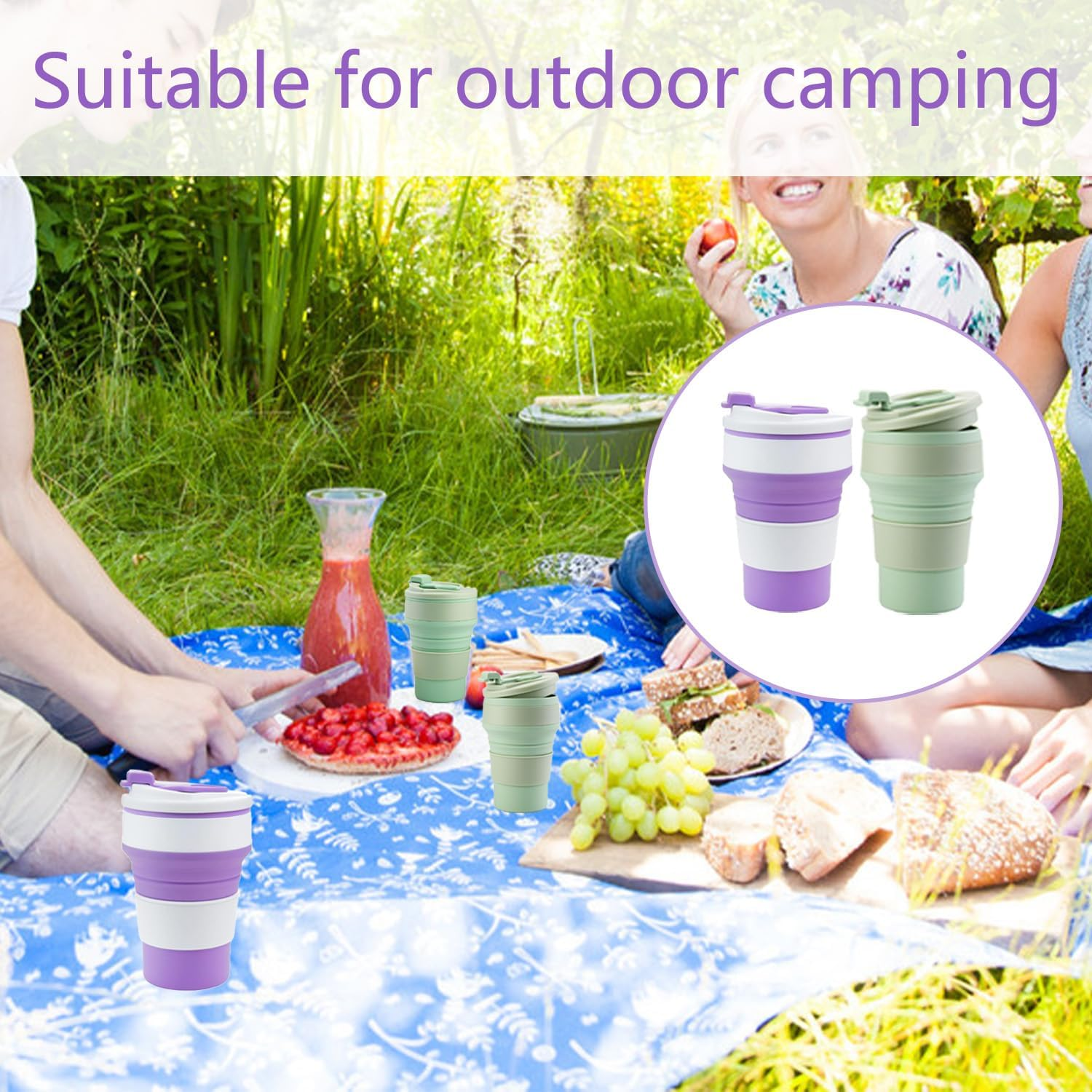 Pack of 2 Silicone Folding Cups, 350 Ml, Portable Folding Cup, Silicone Foldable Travel Cup, for Outdoor Picnics, Camping and Hiking (Green, Purple) image number 1