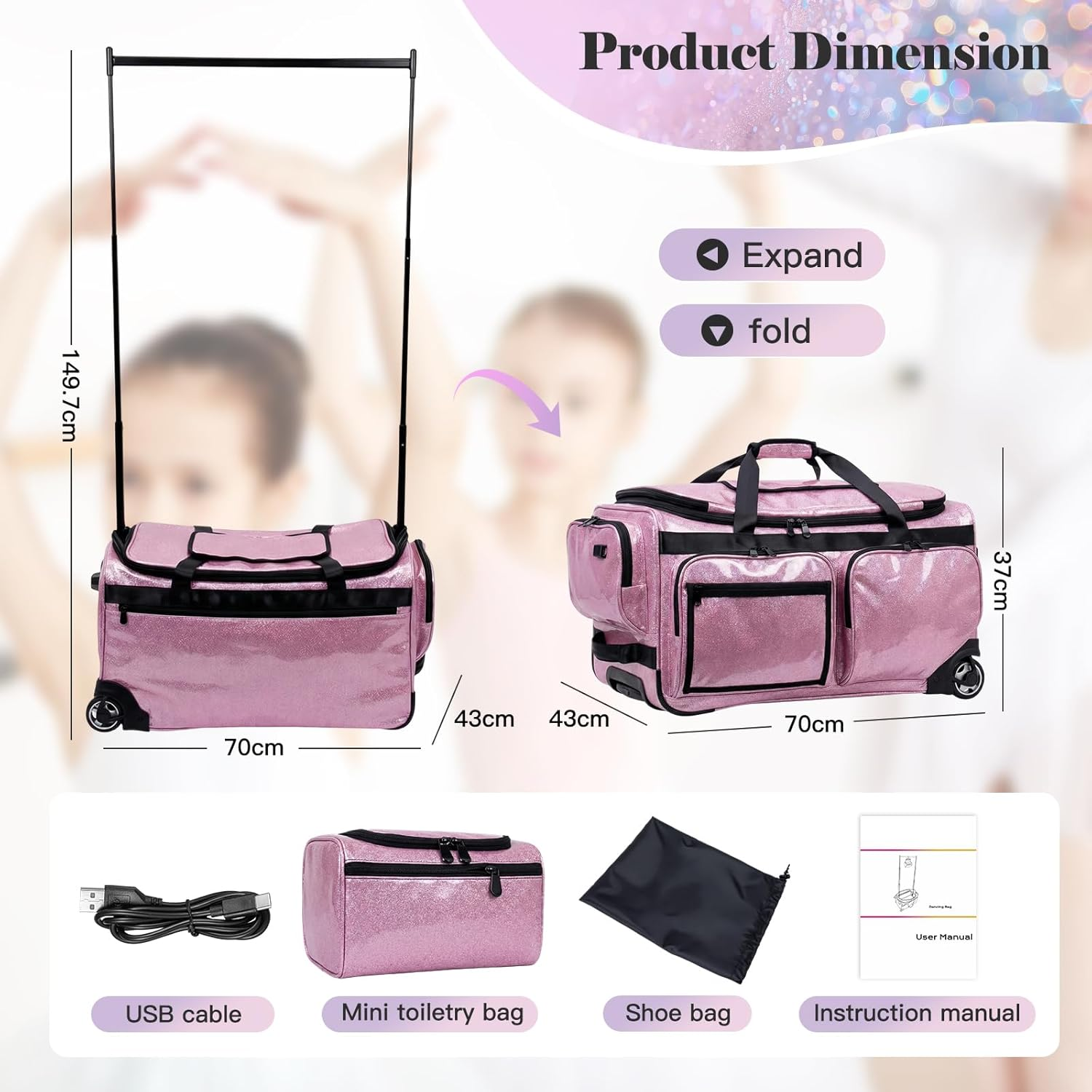 Advwin 3-In-1 Rolling Dance Bag with Instant Changing Design, Portable Garment Rack & USB Light Glitter Performance Duffel for Dancers image number 1