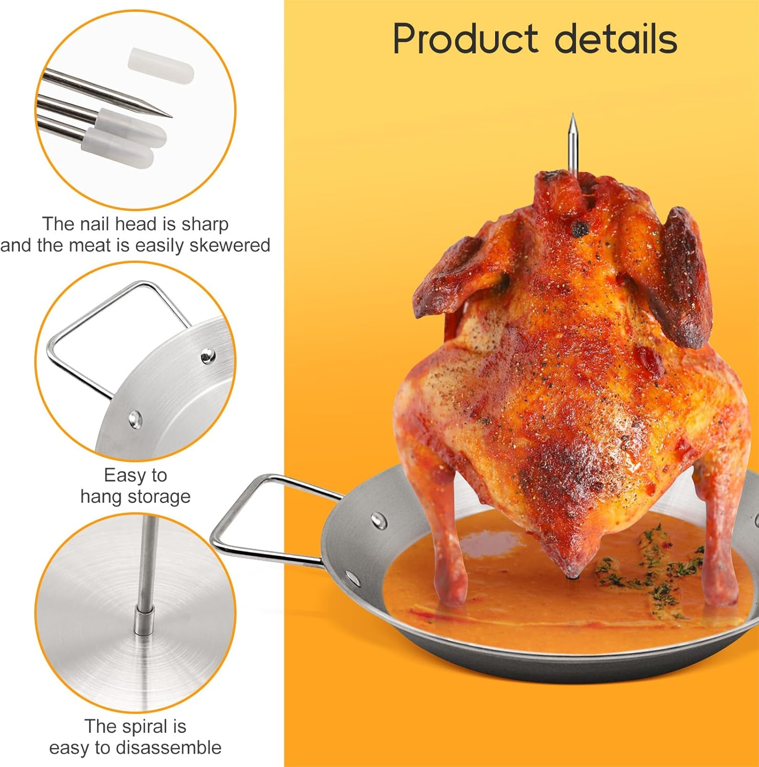 Al Pastor Skewer for Grill, Brazilian Vertical Spit Stand, Stainless Steel Vertical Skewer with 3 Removable Spikes(8"/10"/12") & Brushes, for Shawarma, Tacos Al Pastor, BBQ Dishes, Smoker Oven, Kebabs image number 3