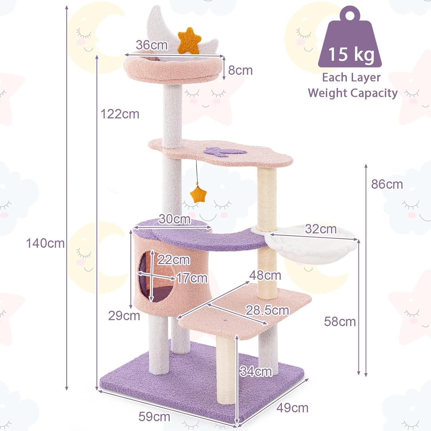 Costway Cute Cat Tree for Indoor Cats, Multi-Level Cat Tower W/Sisal Covered Scratching Posts, Condo, Moon Star Plush Perch, Hammock, Cloud Platforms, Dangling Toys, Kitty Play House Activity Center image number 2