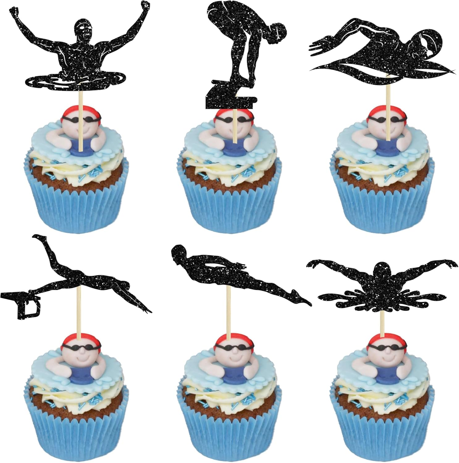 Ephlyn 24Pcsswim Cupcake Toppers Summer Swimming Cupcake Toppers Picks Black Swimming Cake Topper for Swim Party Birthday Baby Shower Kids Birthday Party Cake Decorations Supplies Blue