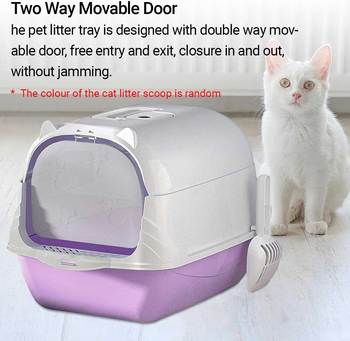 AIMALL Oversized Enclosed Cat Litter Box with Flip-Top Lid, Detachable Splash-Proof Covered Toilet for Cats with Dual-Entry Door, Handle, and Scoop &ndash; Blue+Yellow, Purple, Black - Purple image number 6