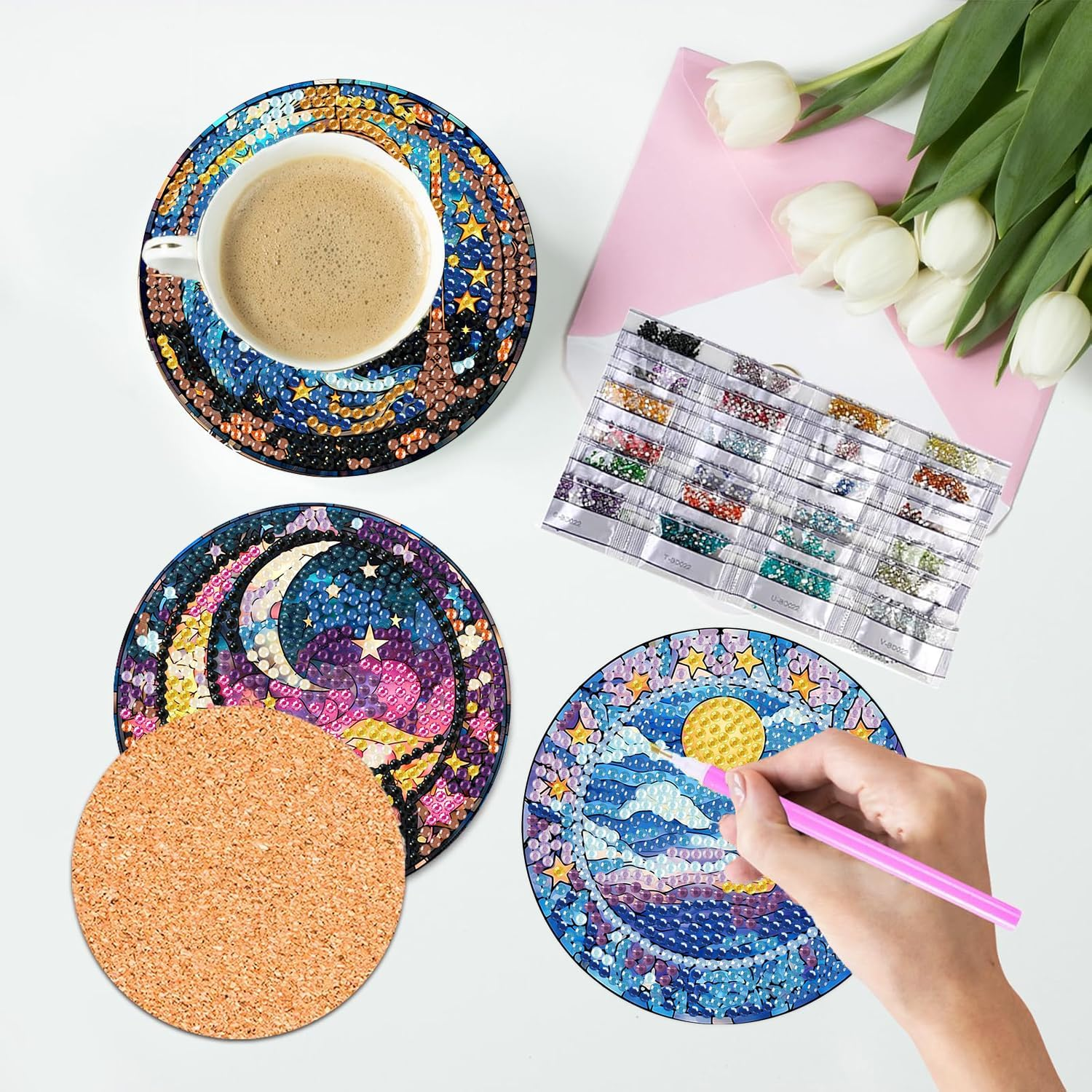 8 Pcs Diamond Art Coasters Moon Diamond Painting Coasters Kits with Holder Cork Pads DIY Moon Diamonds Art Painting Coaster Set for Adults Beginners Crafts Supplies image number 3