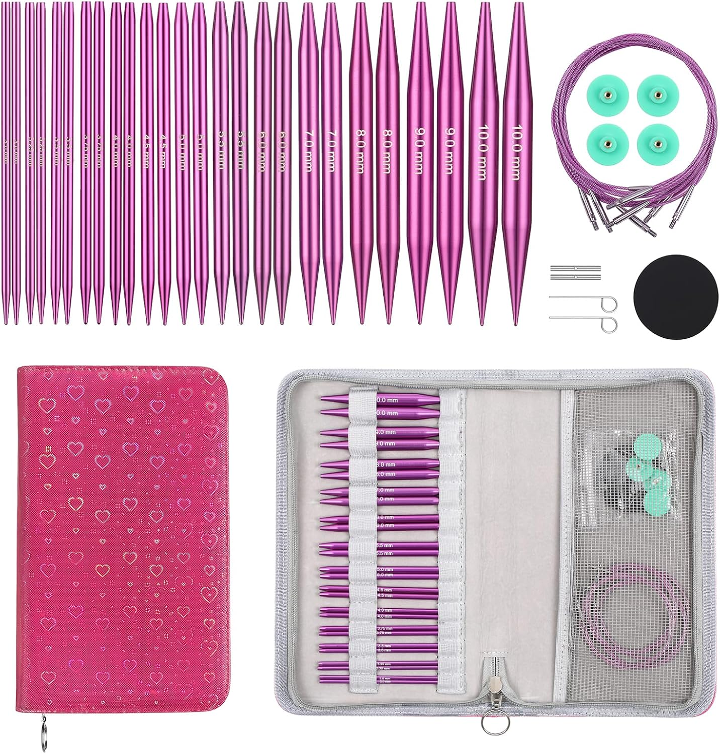 Interchangeable Circular Knitting Needles Set Sizes US 2.5, 3, 4, 5, 6, 7, 8, 9, 10, 10.75, 11, 13, 15 with Cables, Accessories and Case (Rose Red)