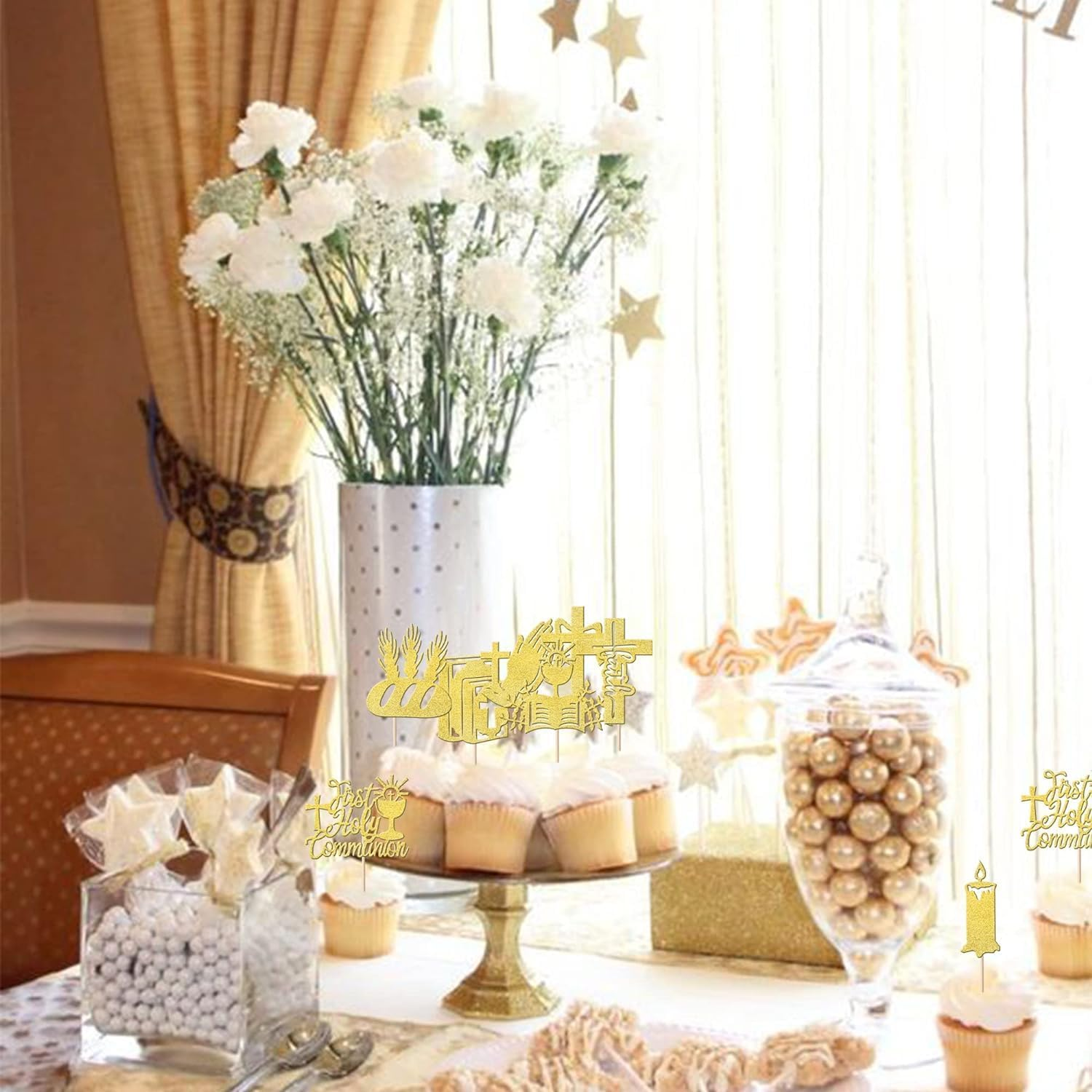 24 Pack First Holy Communion Cupcake Toppers Glitter Cross Bible Cupcake Picks Angel God Bless Cake Decorations for First Communion Baptism Religion Theme Birthday Party Supplies (Gold)