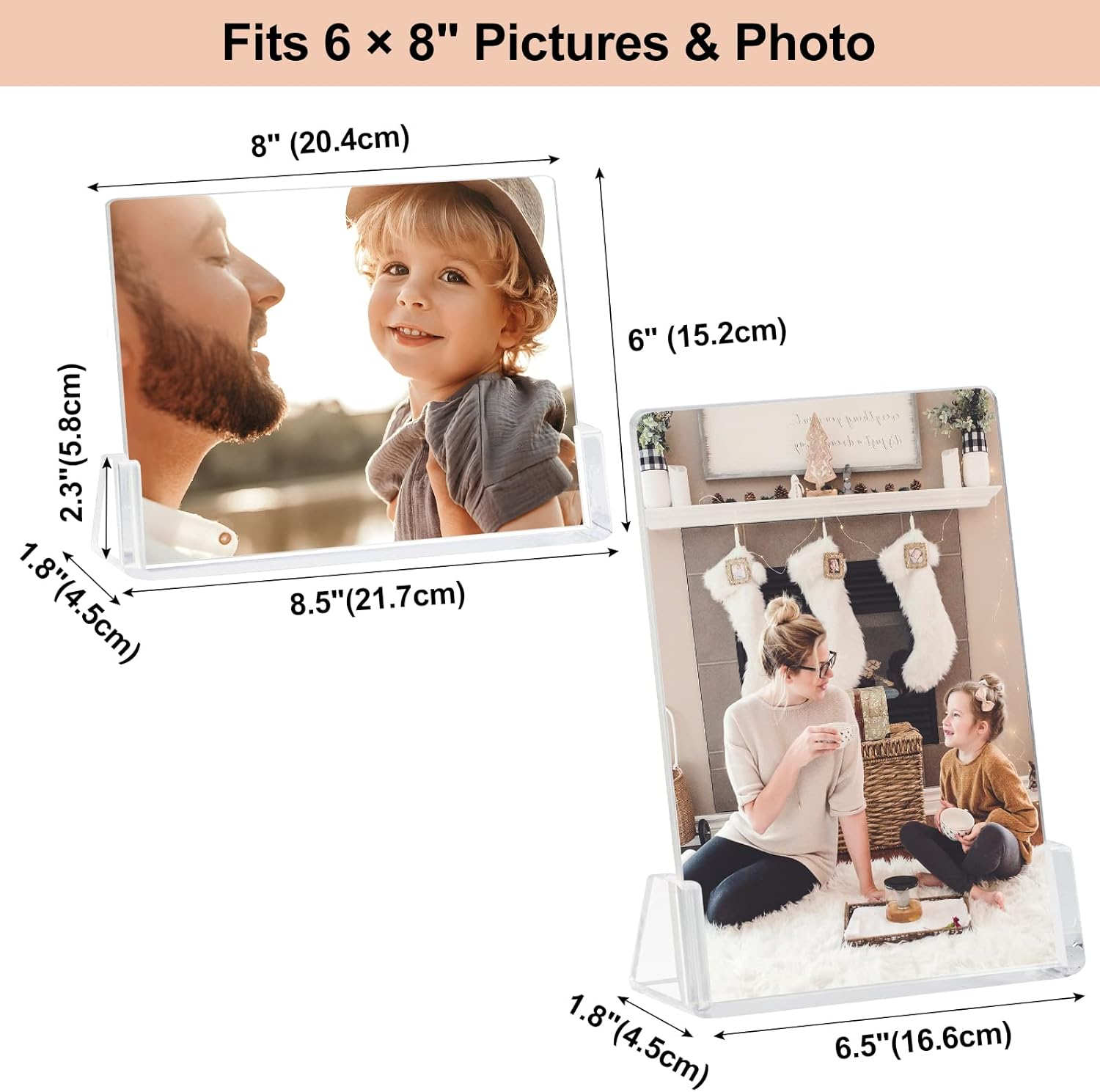 Boxalls 2 Pack Acrylic Picture Frames 6X8 with Clear Base Stand, Frameless Photo Frame for Tabletop or Desktop Display (Horizontal + Vertical) image number 6