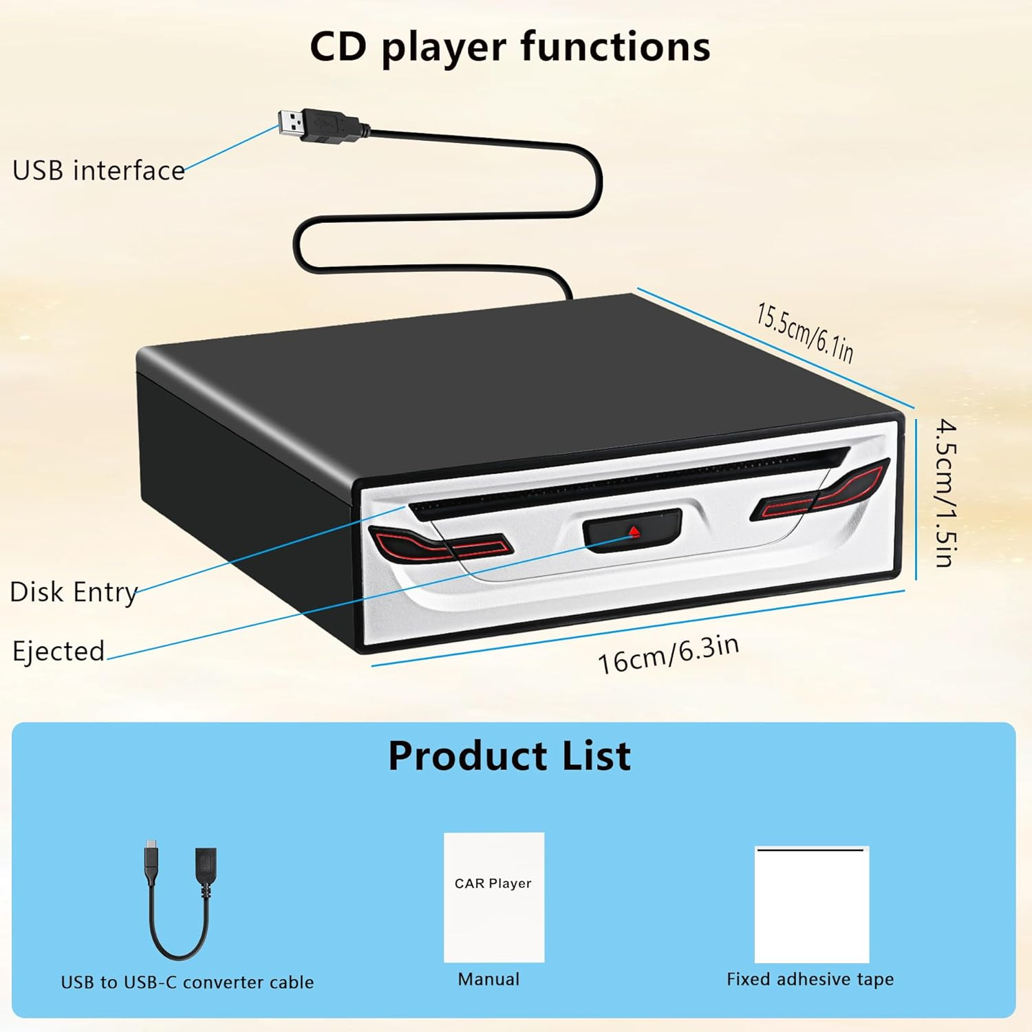 Car Stereo External Car Universal CD Player USB Connection Portable CD Player for Car Android Navigation/Tv/Macbook Pro/Laptops Desktops with USB Port Plug and Play image number 2