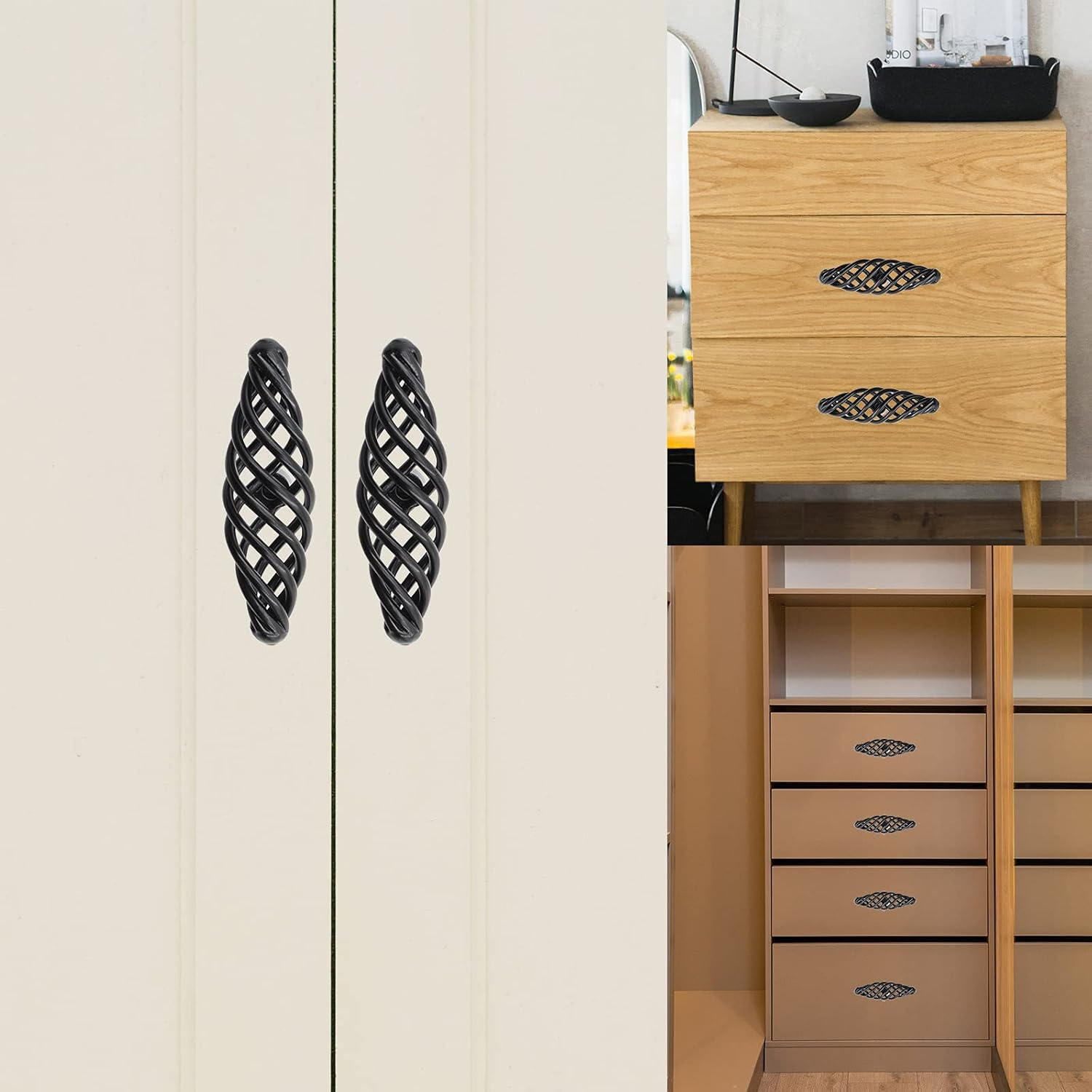 6 Pack Cabinet Knobs, Birdcage Nest Twist Handle Pull Cupboard Dresser Drawer Closet Wardrobe Bookcase Hardware for Kitchen Bathroom Bedroom with Screws (Single Hole 75Mm/2.95", Black) image number 6