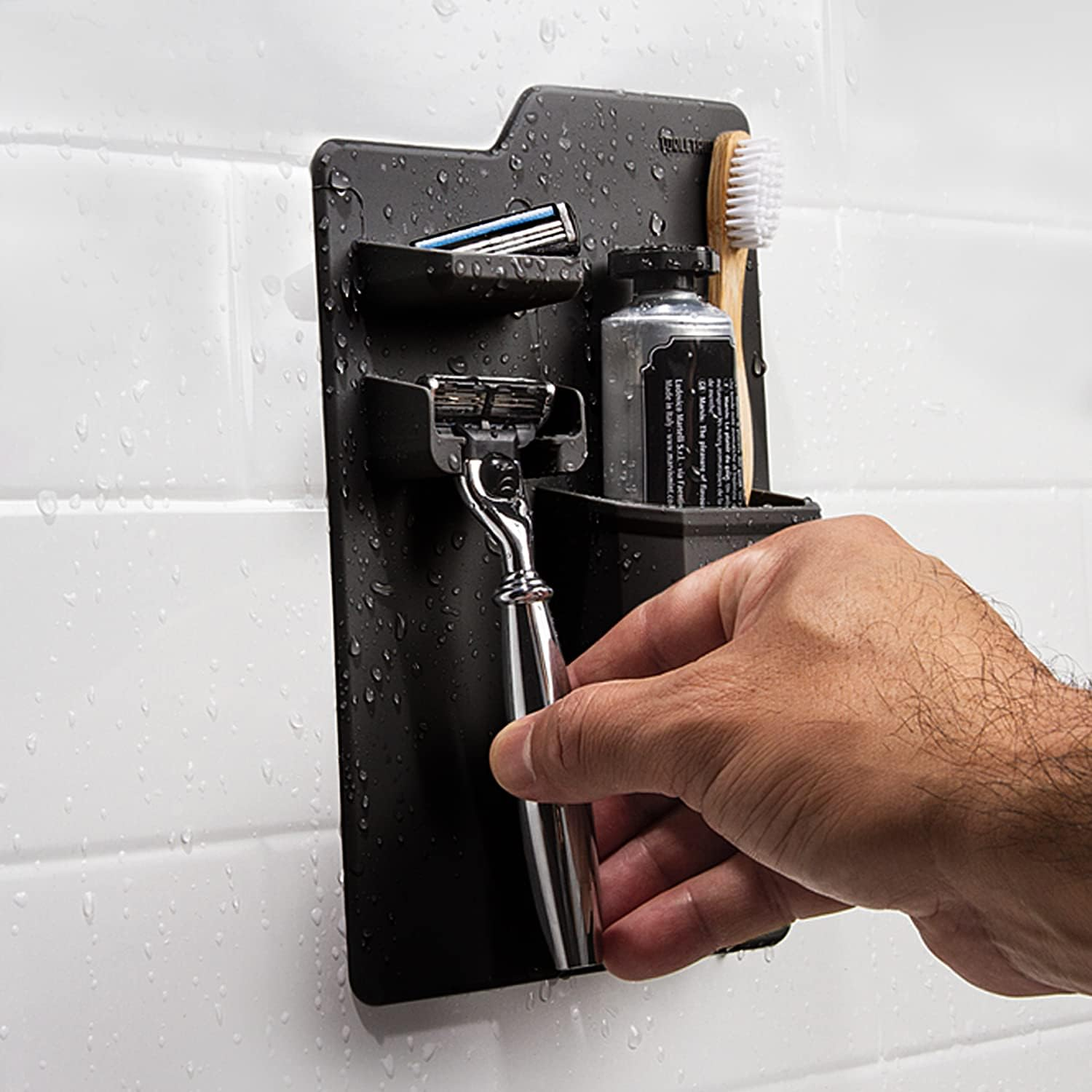 TOOLETRIES the Harvey Toothbrush & Razor Holder - Silicone Toiletry Organizer, Shower & Bathroom Accessory - Features Silicone-Grip Technology, Removable & Reusable - Charcoal image number 2