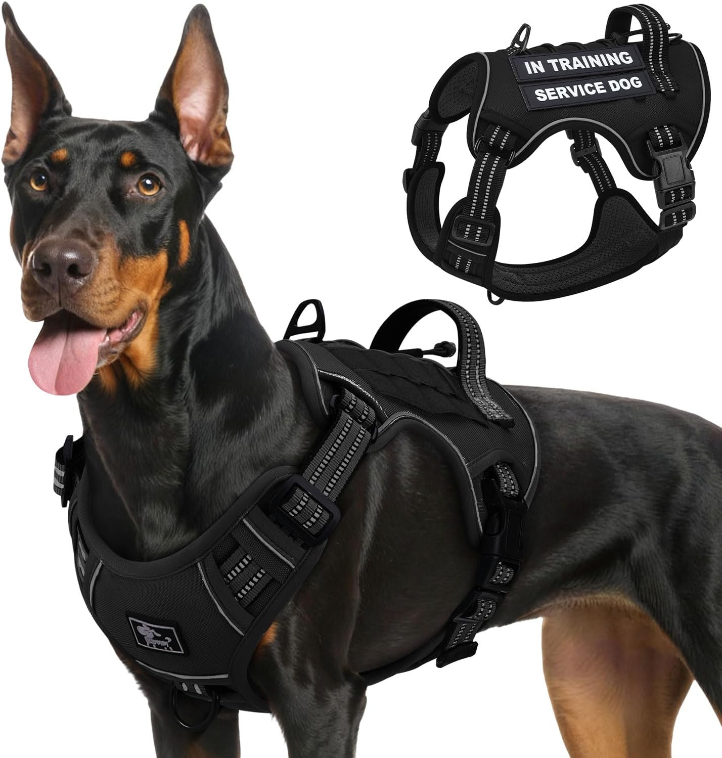 Slowton No Pull Tactical Dog Harness, Adjustable Dog Vest with 3 Buckles, 2 D-Rings & Padded Handle, Easy to Put On, Reflective Pet Harness with Molle System for Dogs Outdoor Walking Training