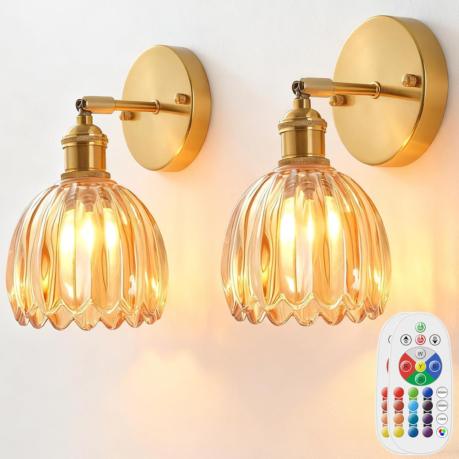 Battery Operated Wall Sconce Set of 2, Vintage Gold Rechargeable Wall Lights with 6000Mah Dimmable Bulbs and Remote, 16 Colors Portable Lighting for Wall Painting, Living Room, Bedroom, Hallway